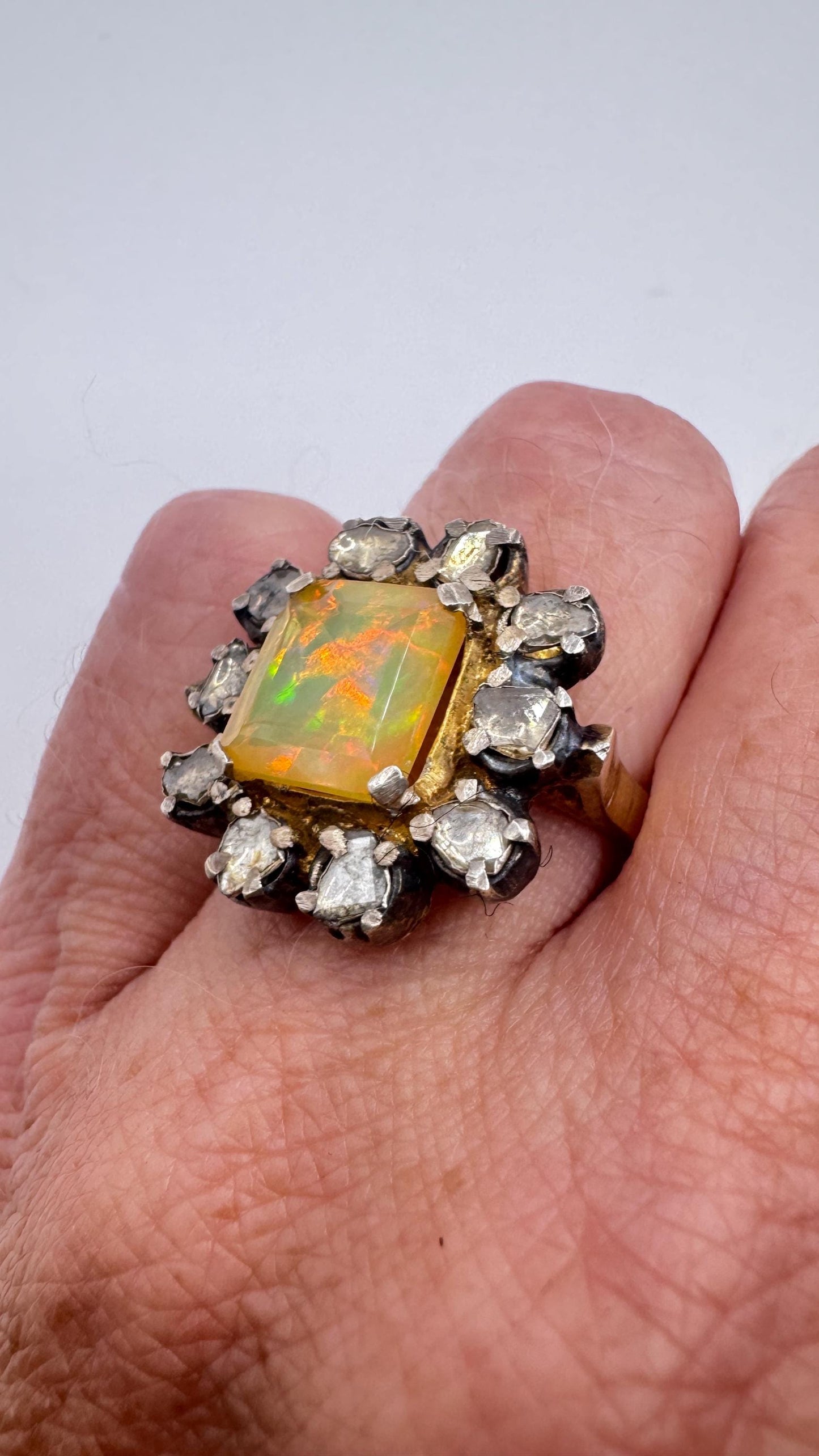 Vintage Orange Fire Opal 925 Sterling Silver flat cut Diamond Ring