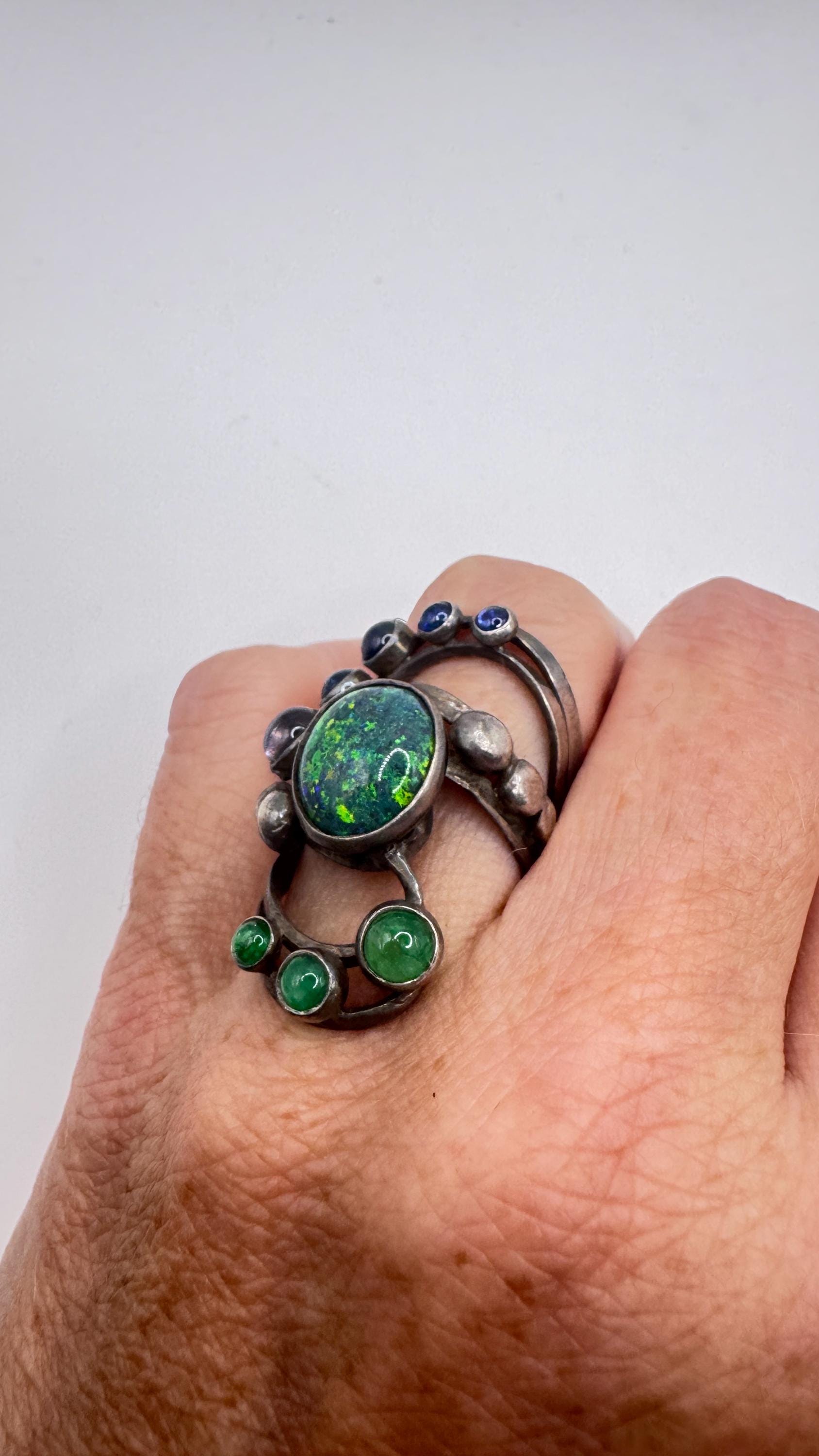Vintage Black Fire Opal Emerald Iolite 925 Sterling Silver Ring