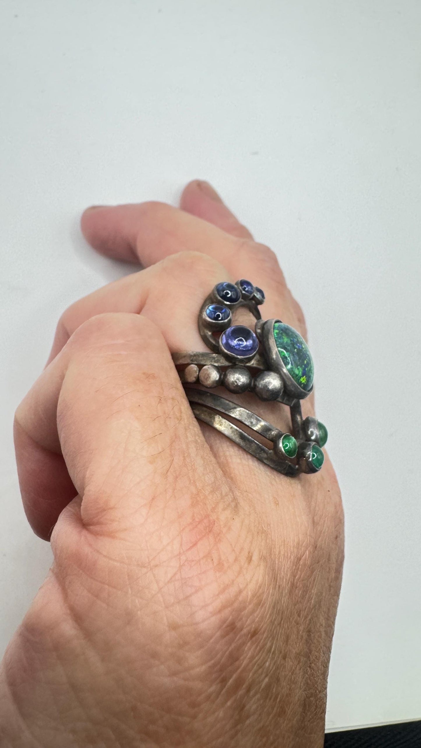 Vintage Black Fire Opal Emerald Iolite 925 Sterling Silver Ring