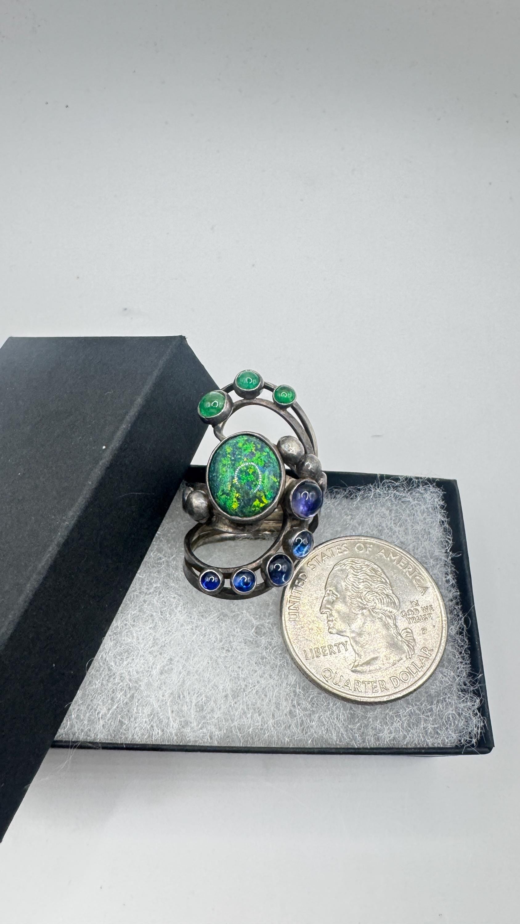 Vintage Black Fire Opal Emerald Iolite 925 Sterling Silver Ring