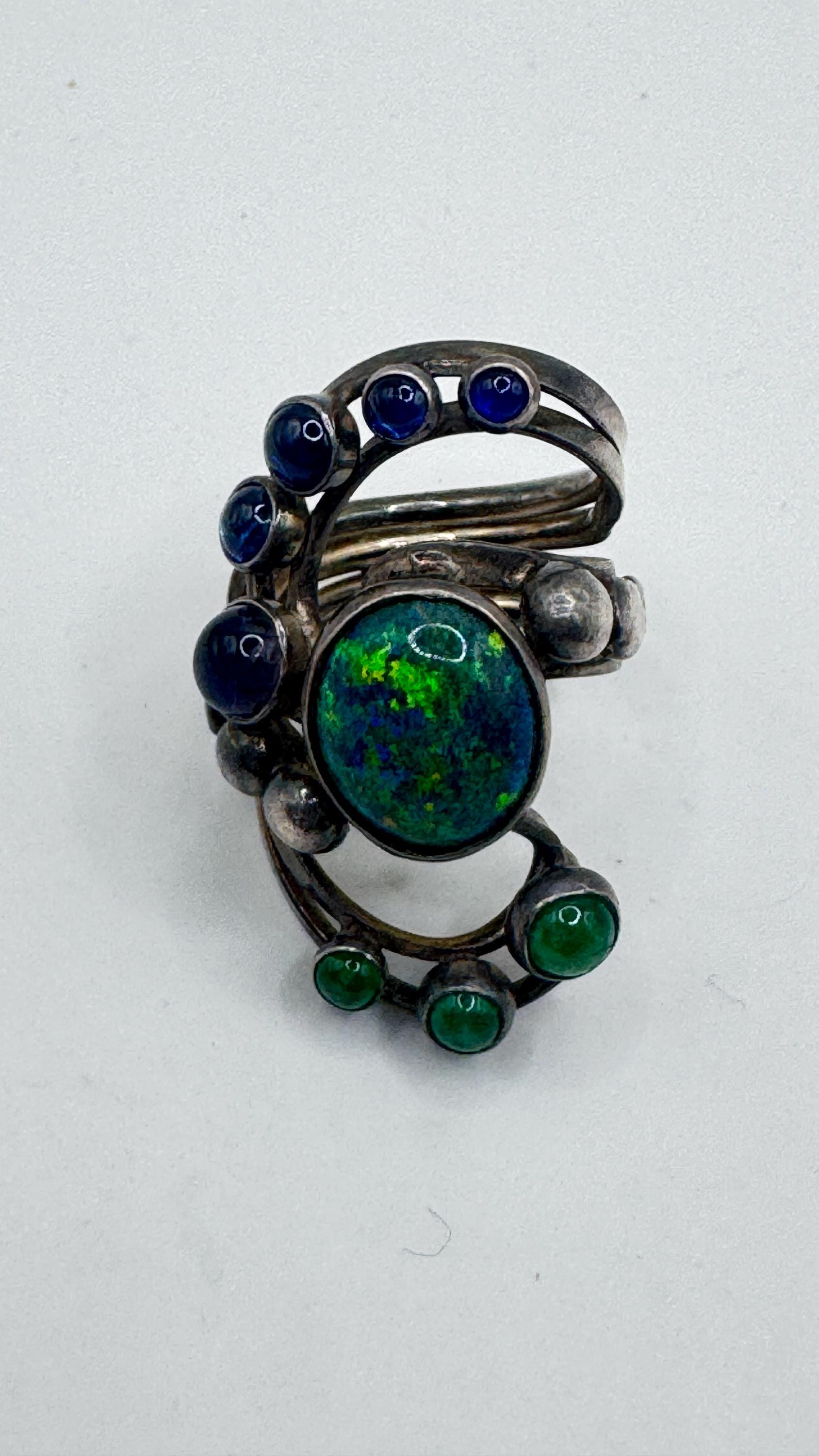 Vintage Black Fire Opal Emerald Iolite 925 Sterling Silver Ring