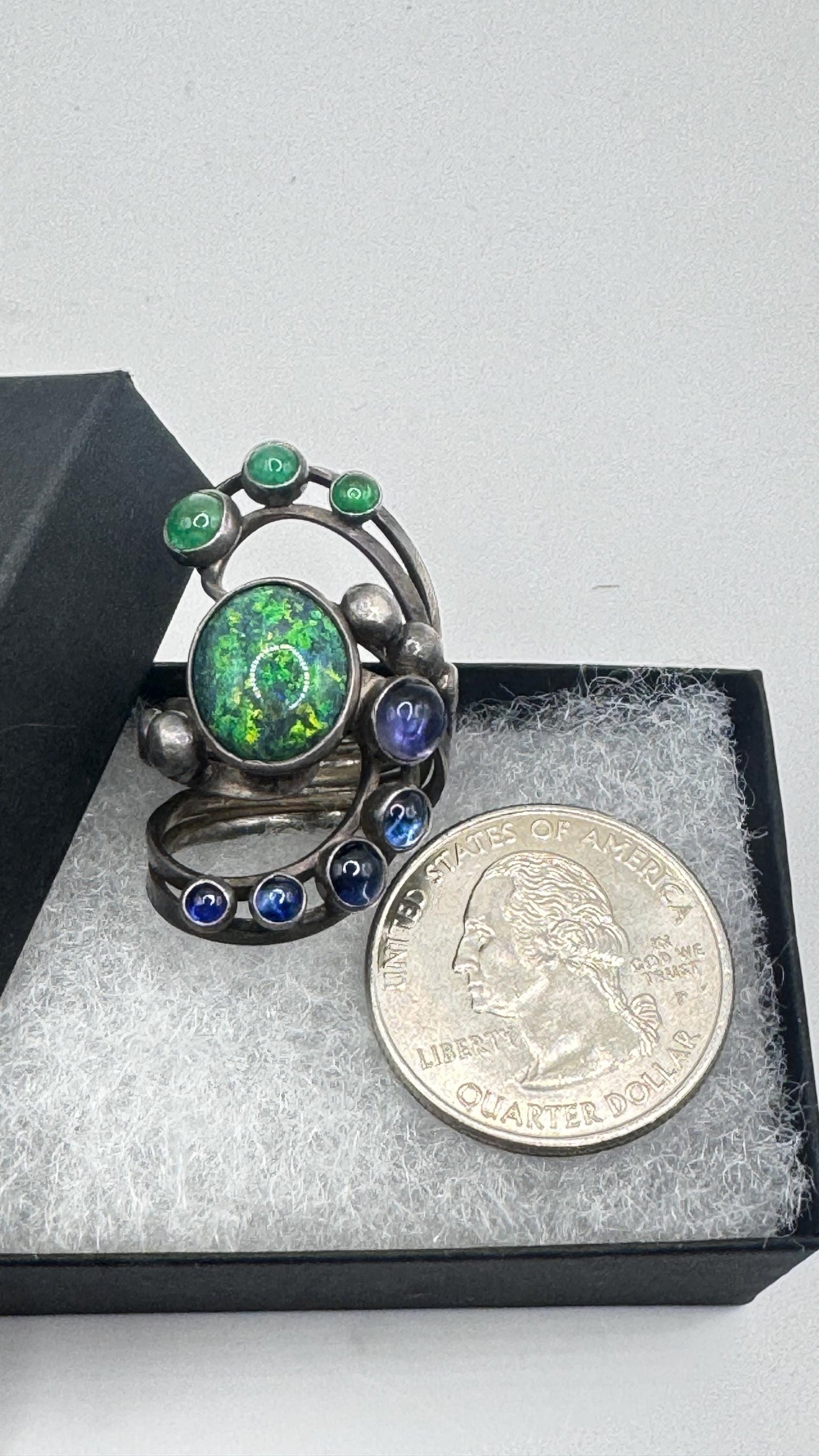 Vintage Black Fire Opal Emerald Iolite 925 Sterling Silver Ring