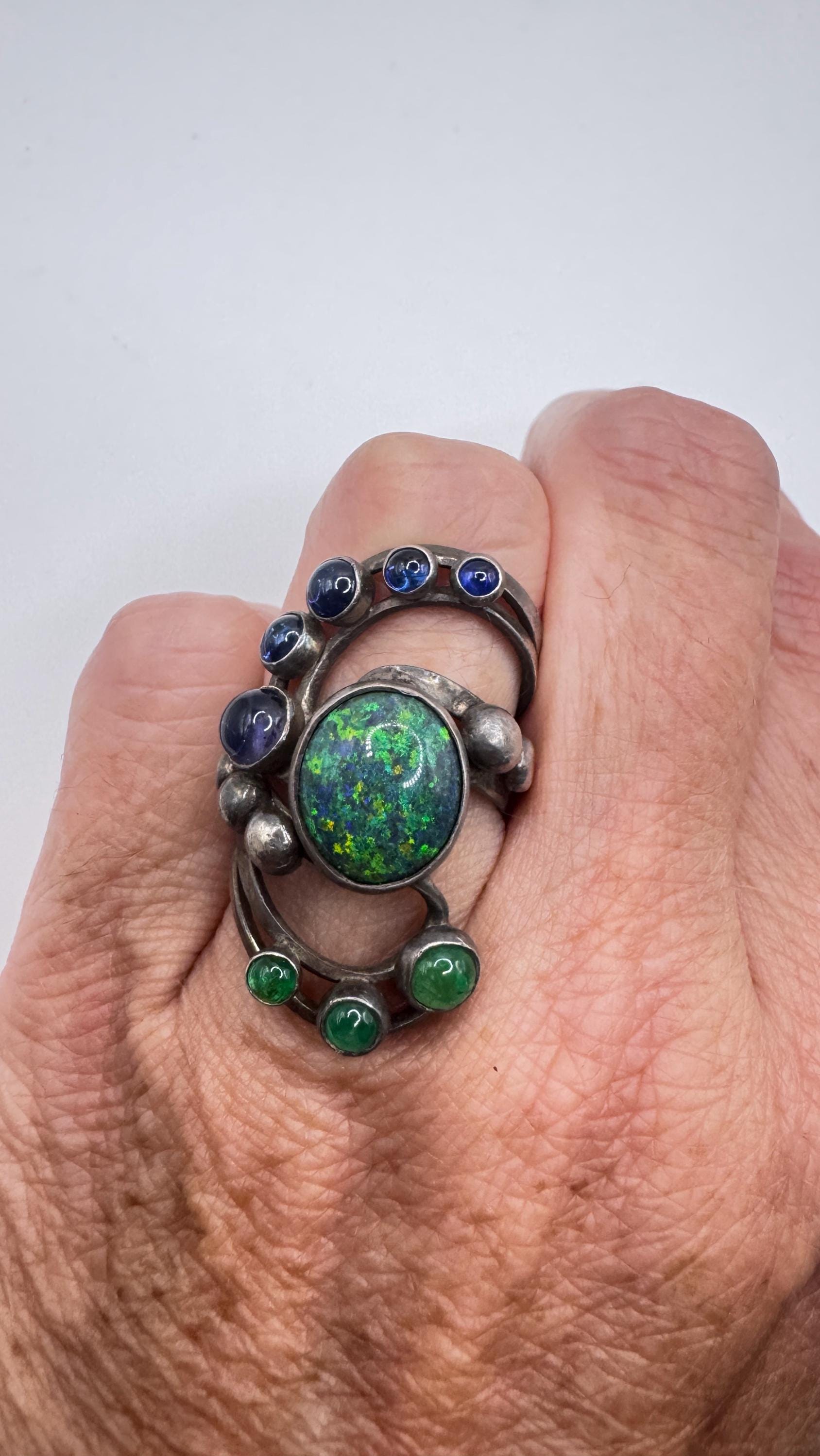 Vintage Black Fire Opal Emerald Iolite 925 Sterling Silver Ring