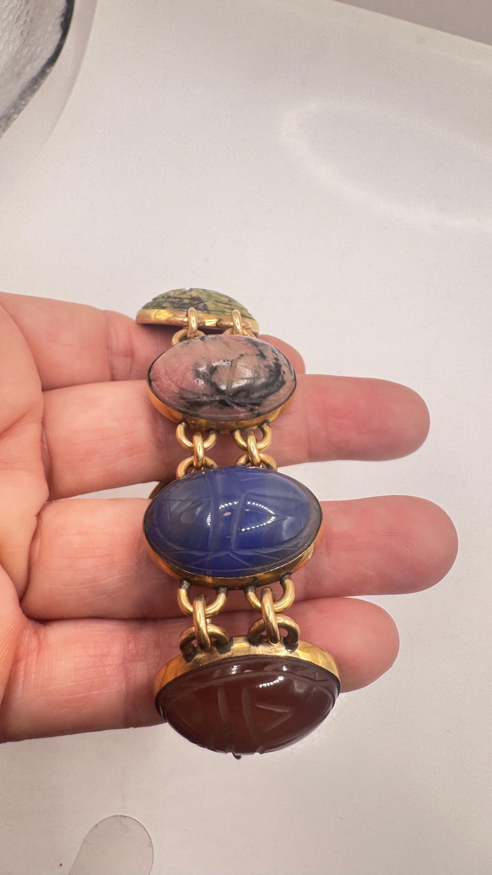Vintage Scarab Bracelet Golden filled Carved Gemstones