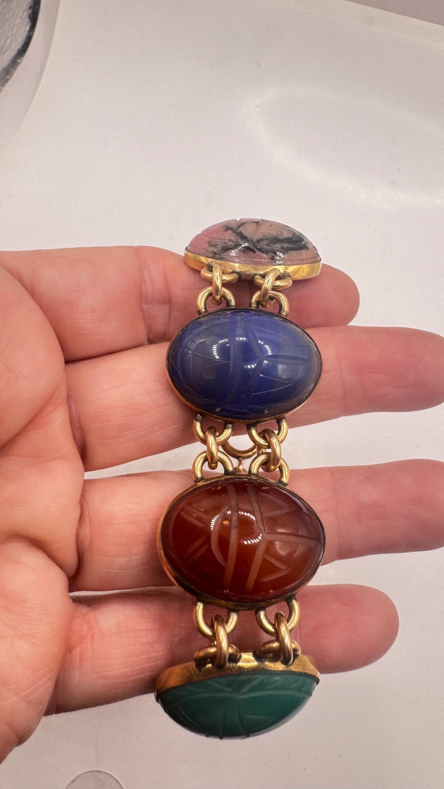 Vintage Scarab Bracelet Golden filled Carved Gemstones