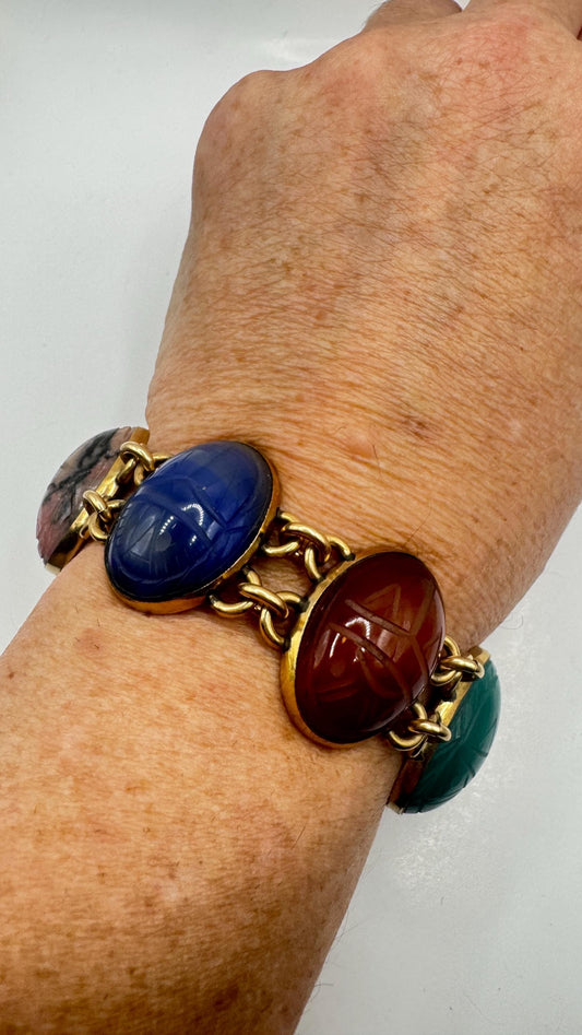 Vintage Scarab Bracelet Golden filled Carved Gemstones
