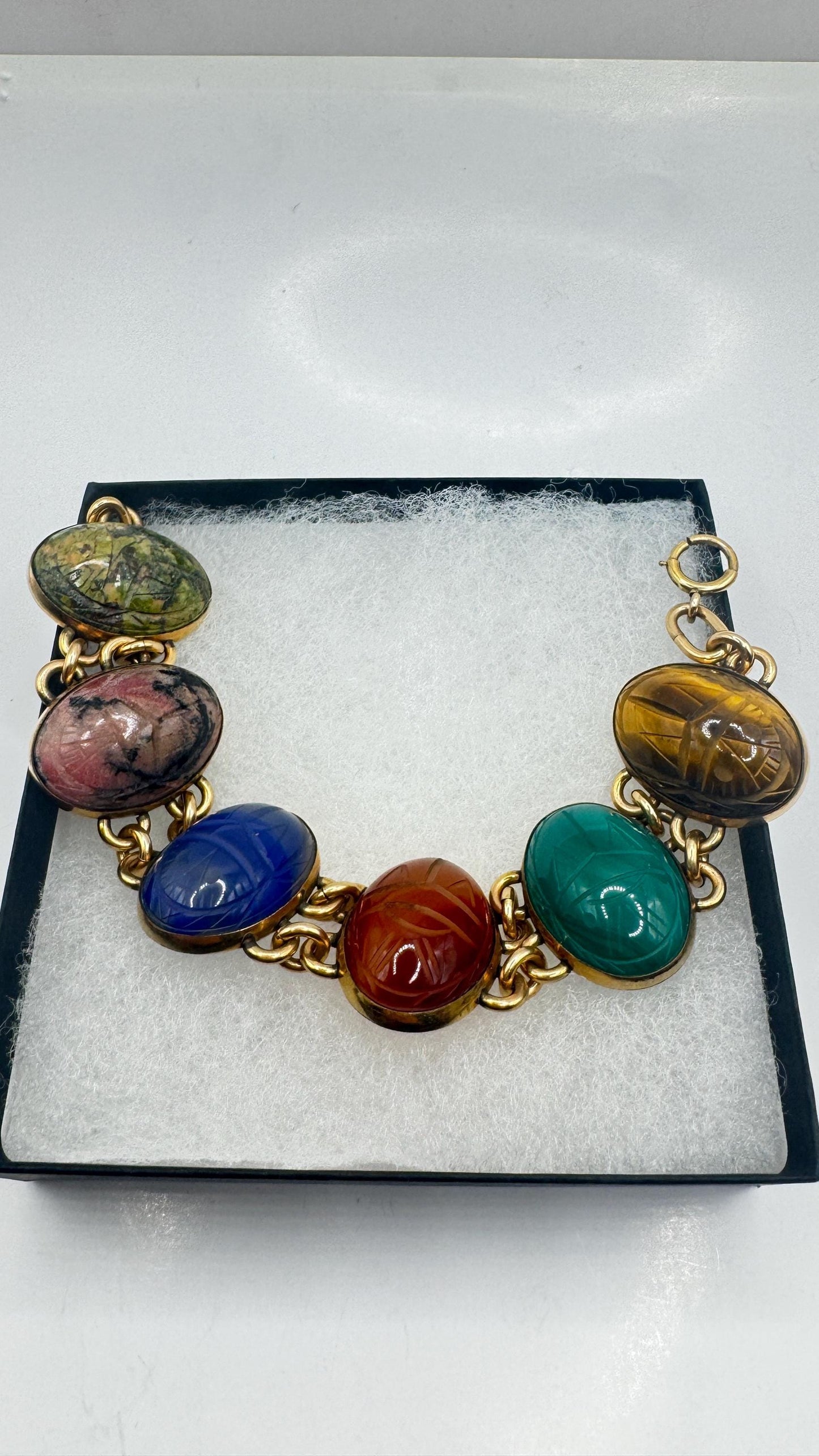 Vintage Scarab Bracelet Golden filled Carved Gemstones