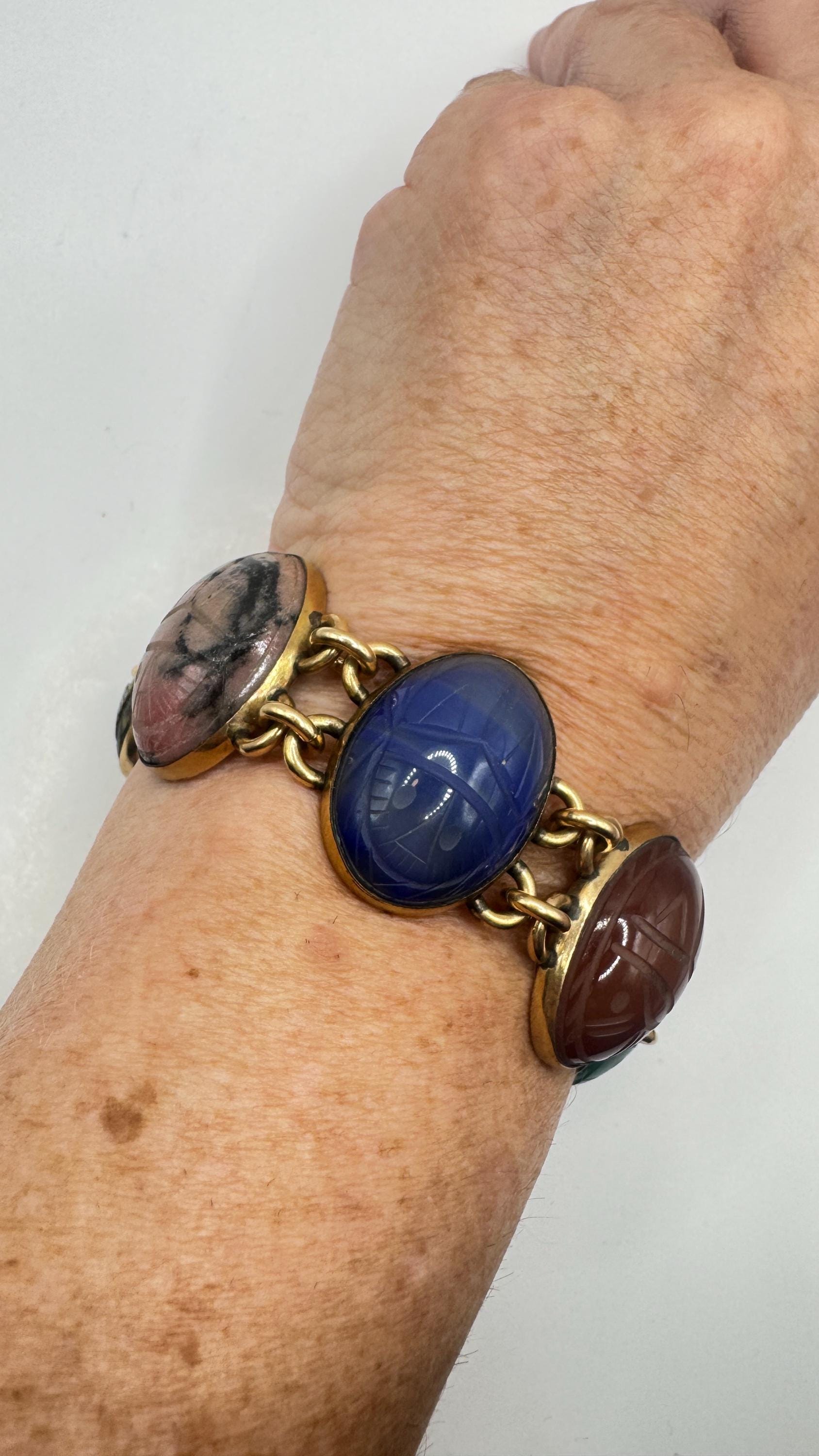 Vintage Scarab Bracelet Golden filled Carved Gemstones