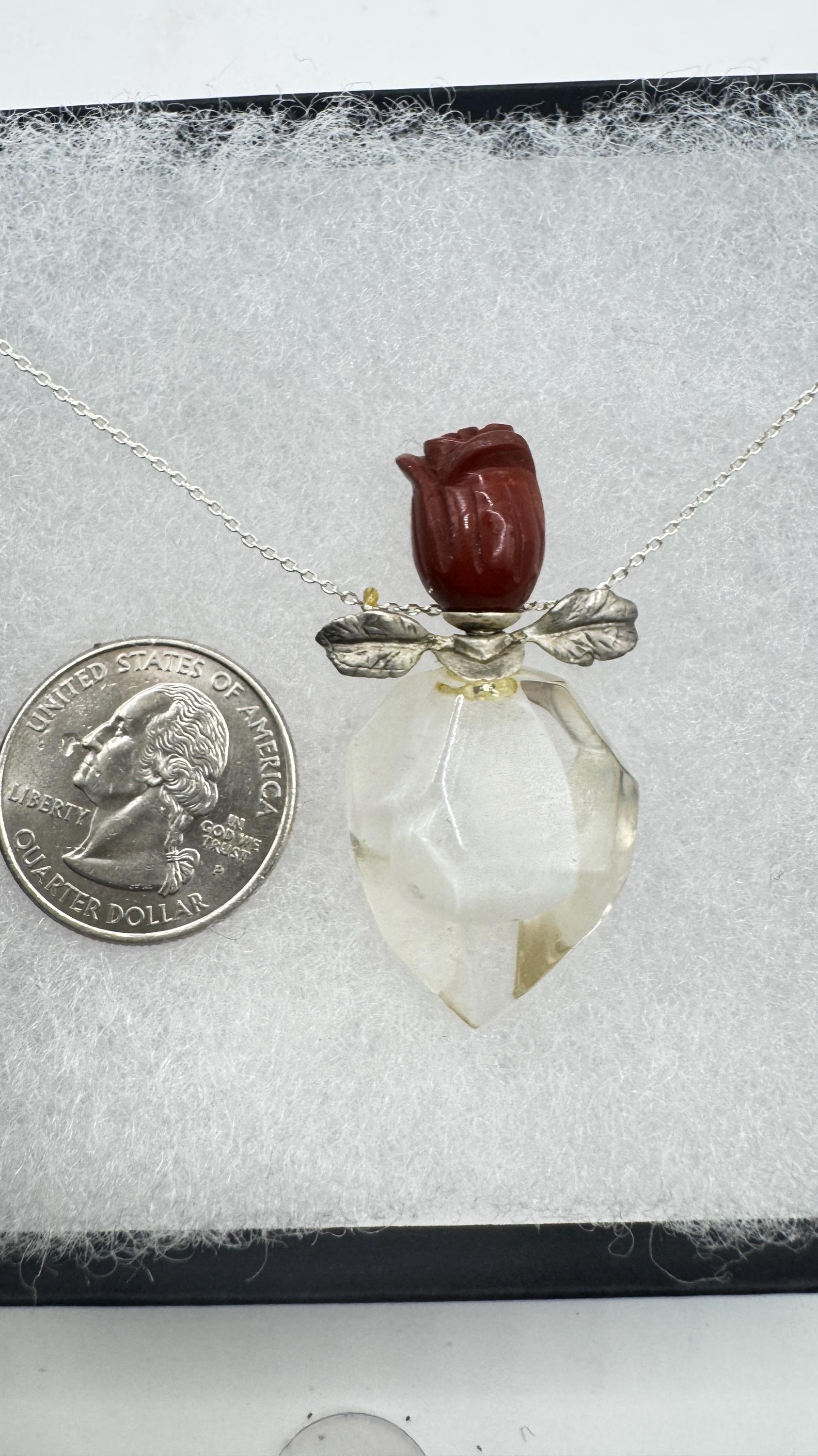 Vintage Quartz Crystal Perfume Oil Bottle 925 Sterling silver Pendant Necklace