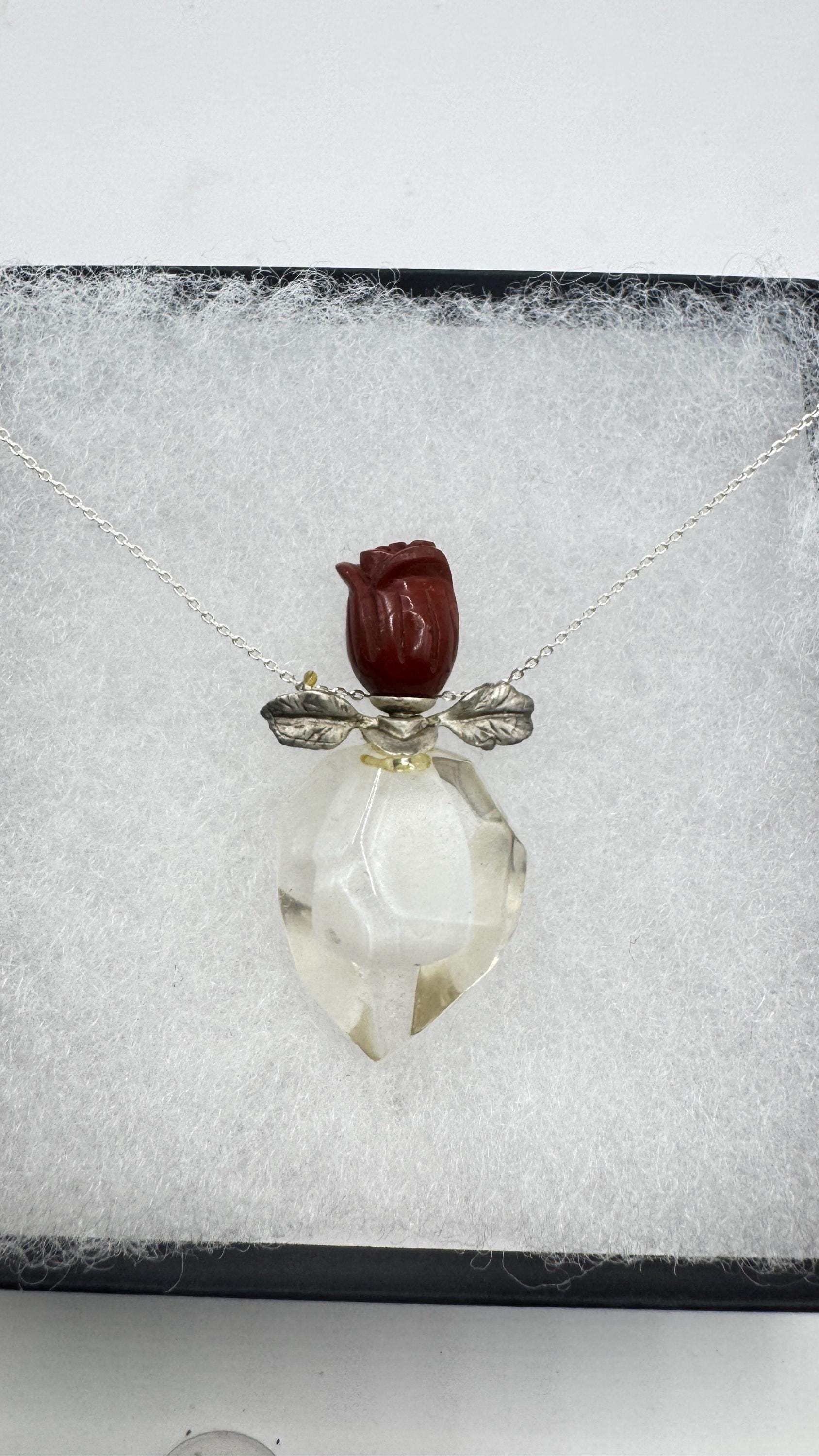 Vintage Quartz Crystal Perfume Oil Bottle 925 Sterling silver Pendant Necklace