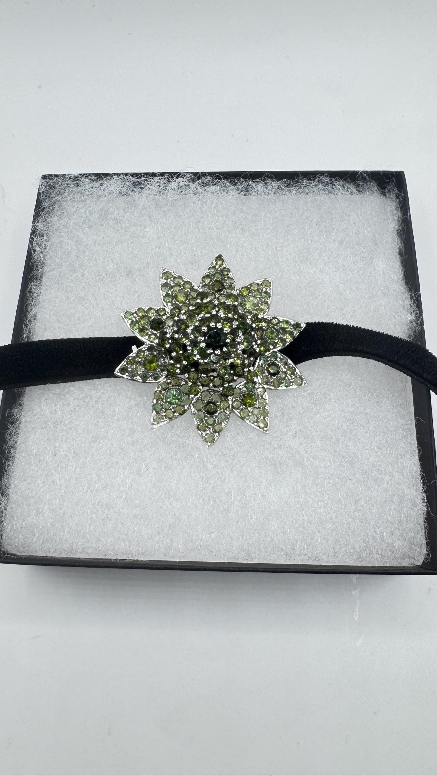 Vintage Genuine Green Tourmaline Choker 925 Sterling Silver Rhodium Brooch Pendant