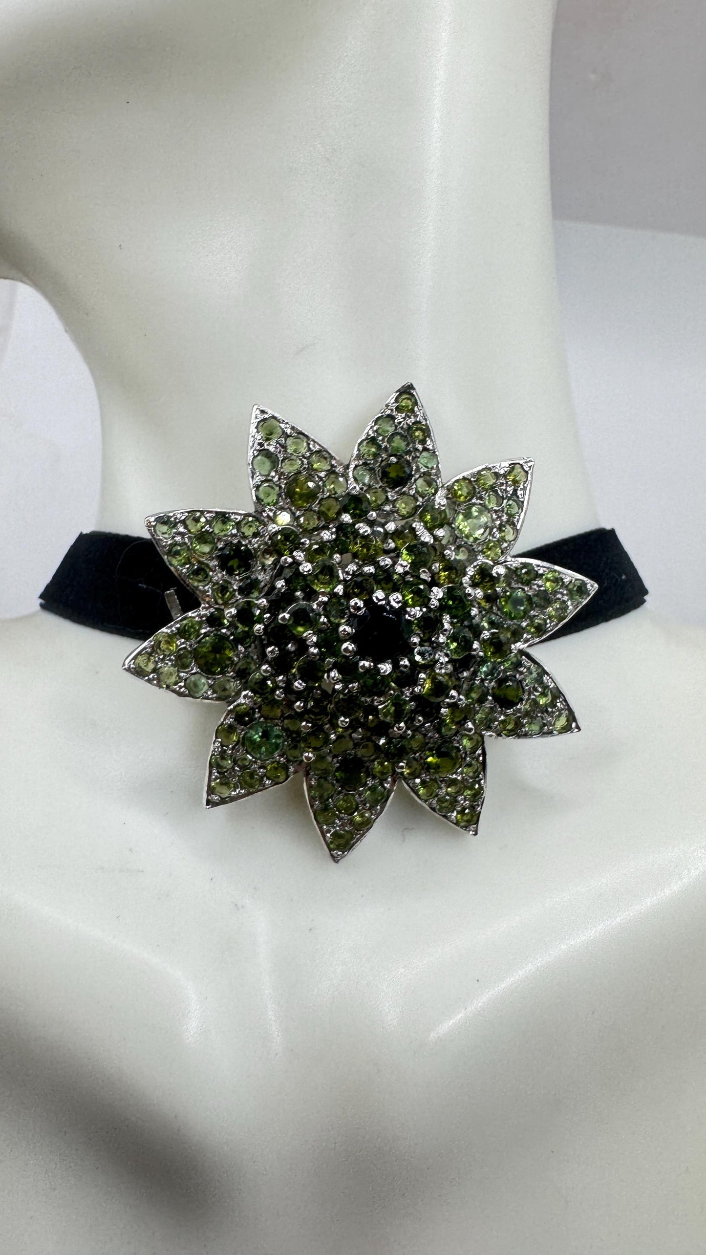 Vintage Genuine Green Tourmaline Choker 925 Sterling Silver Rhodium Brooch Pendant