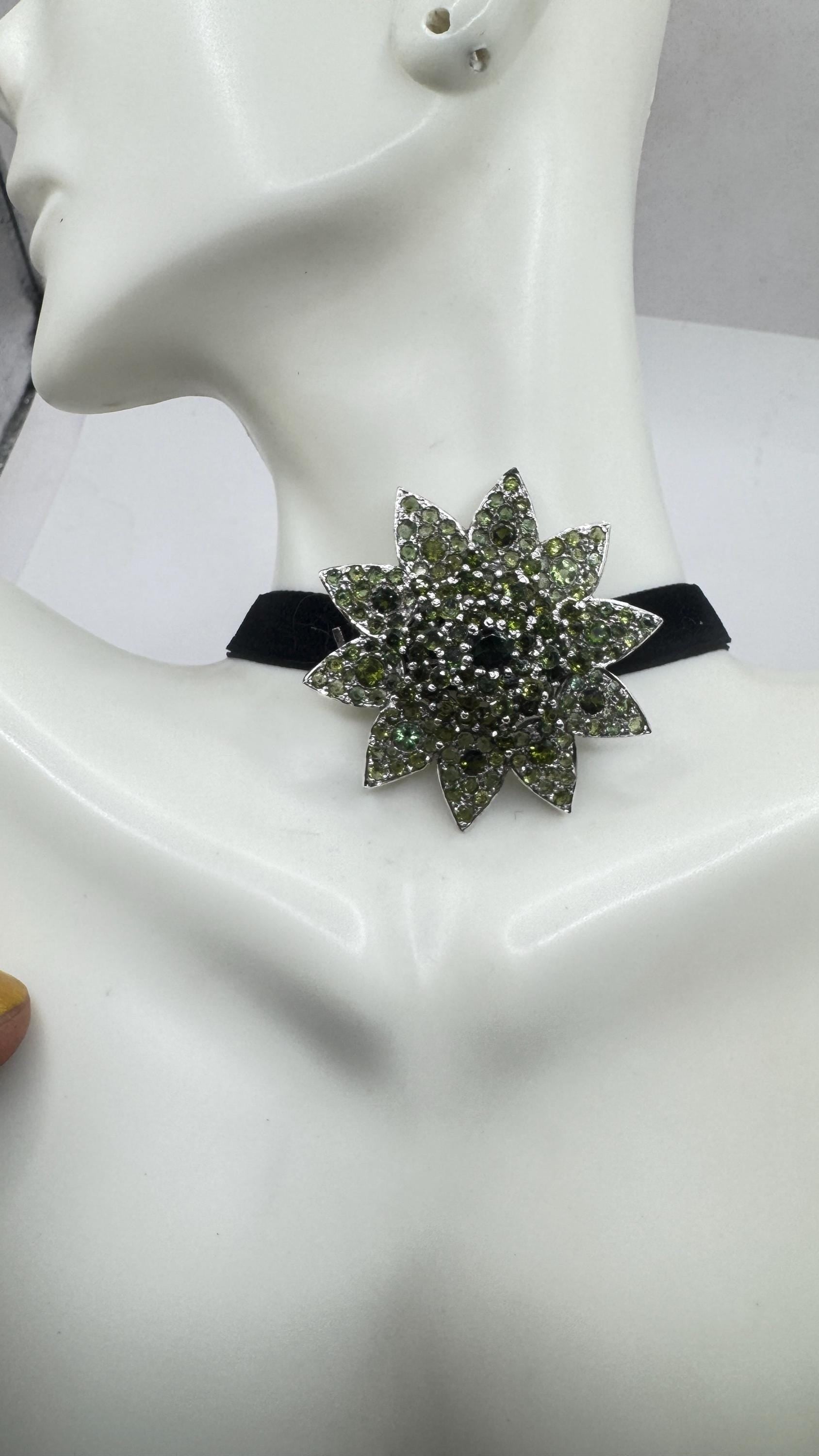 Vintage Genuine Green Tourmaline Choker 925 Sterling Silver Rhodium Brooch Pendant