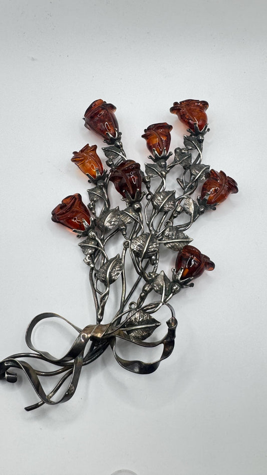 Vintage Hand Carved Golden Baltic Resin Rose Brooch Pin 925 Sterling Silver