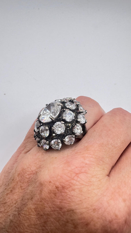Vintage Cubic Zirconia Crystal Sterling Silver Ring Size 6.5