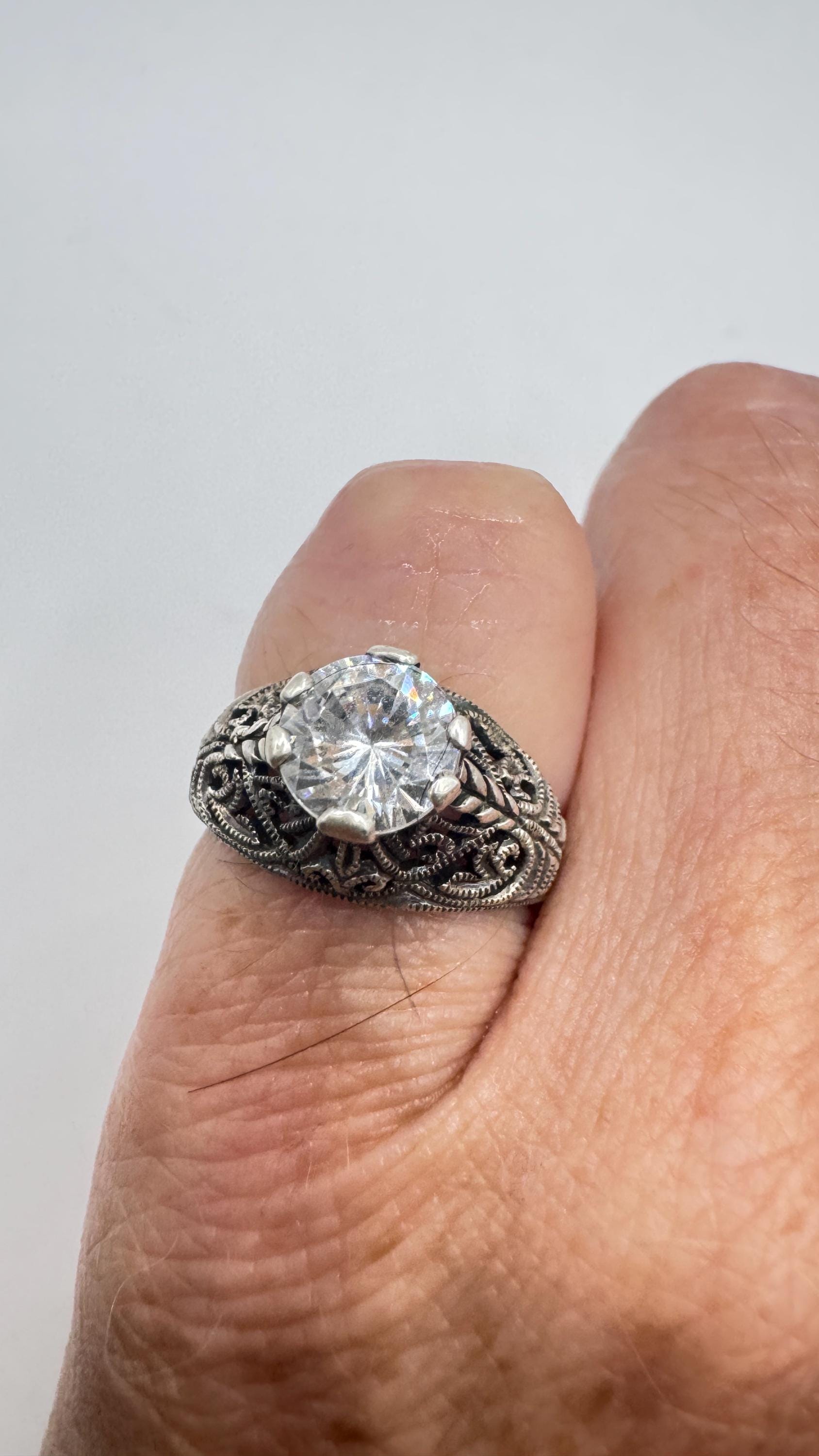 Vintage Cubic Zirconia Crystal Sterling Silver Ring Size 4 Pinky