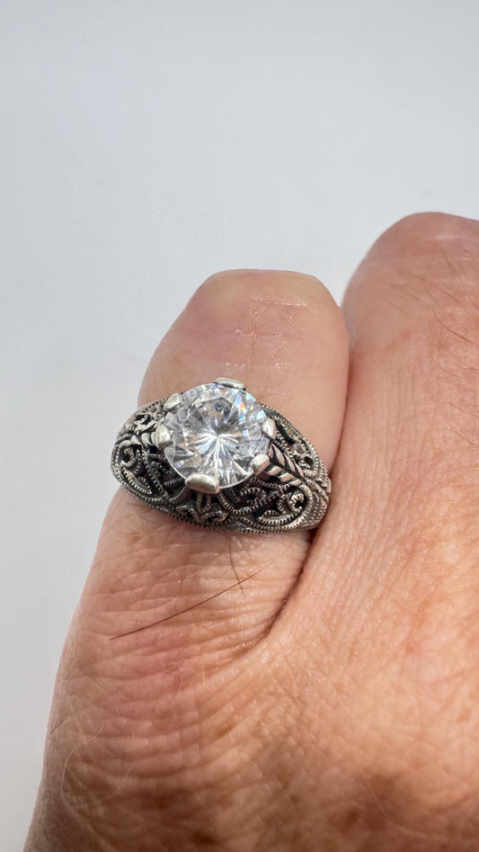 Vintage Cubic Zirconia Crystal Sterling Silver Ring Size 4 Pinky