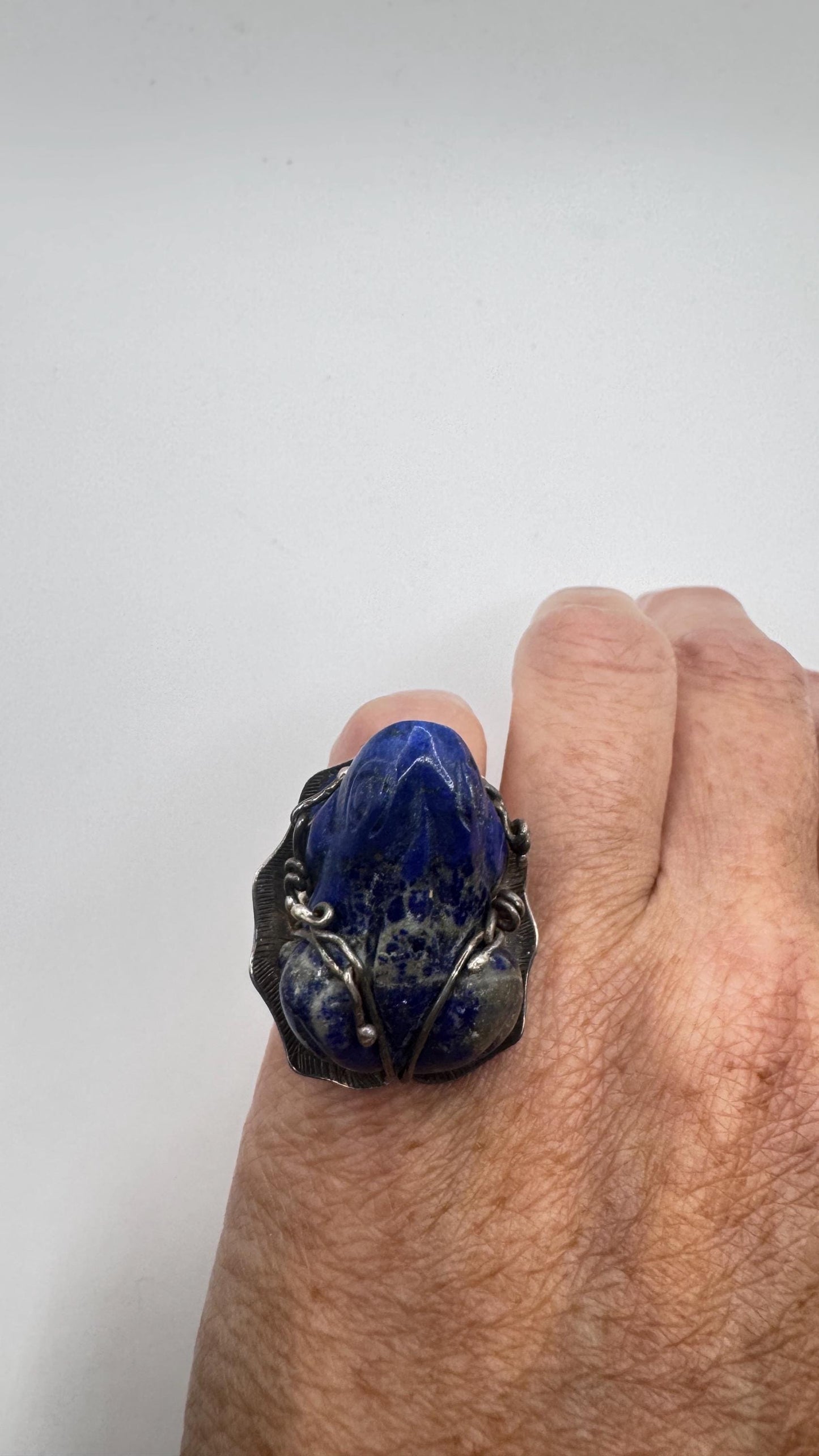 Vintage Blue Lapis Lazuli Frog 925 Sterling Silver Ring