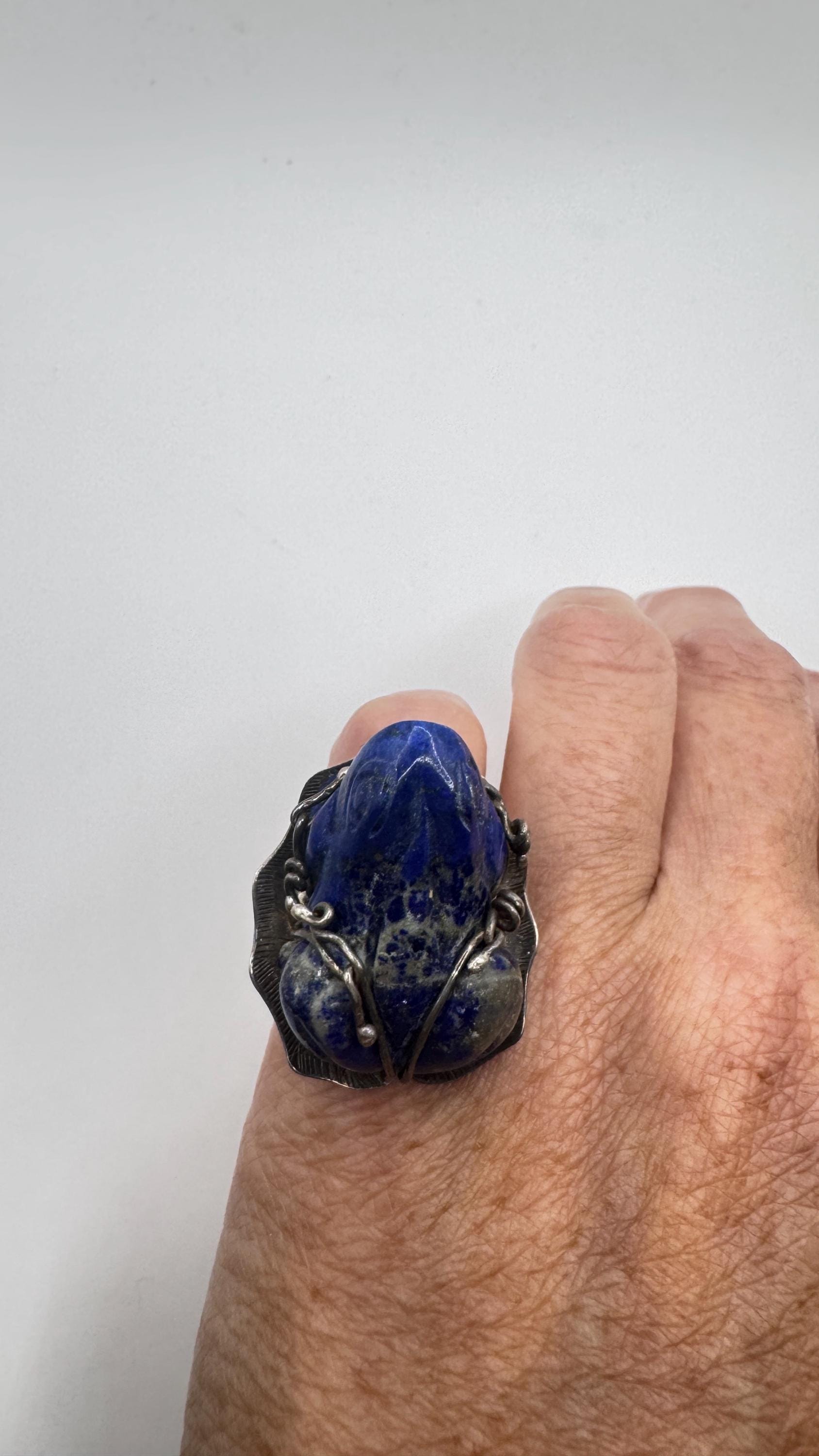 Vintage Blue Lapis Lazuli Frog 925 Sterling Silver Ring