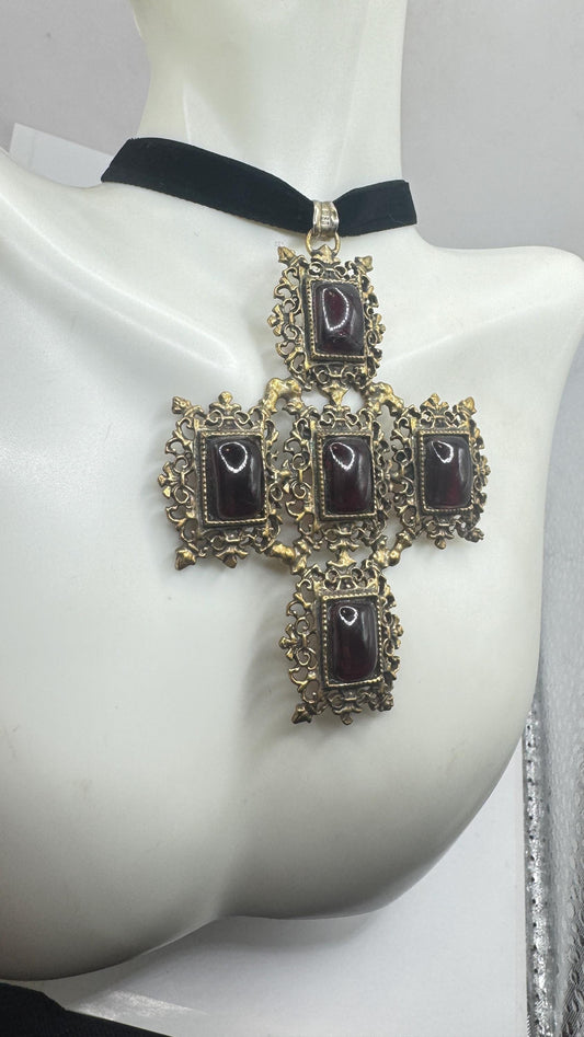 Vintage Bohemian Garnet Cross 925 Sterling Silver Antiqued Gold finish Pendant Necklace