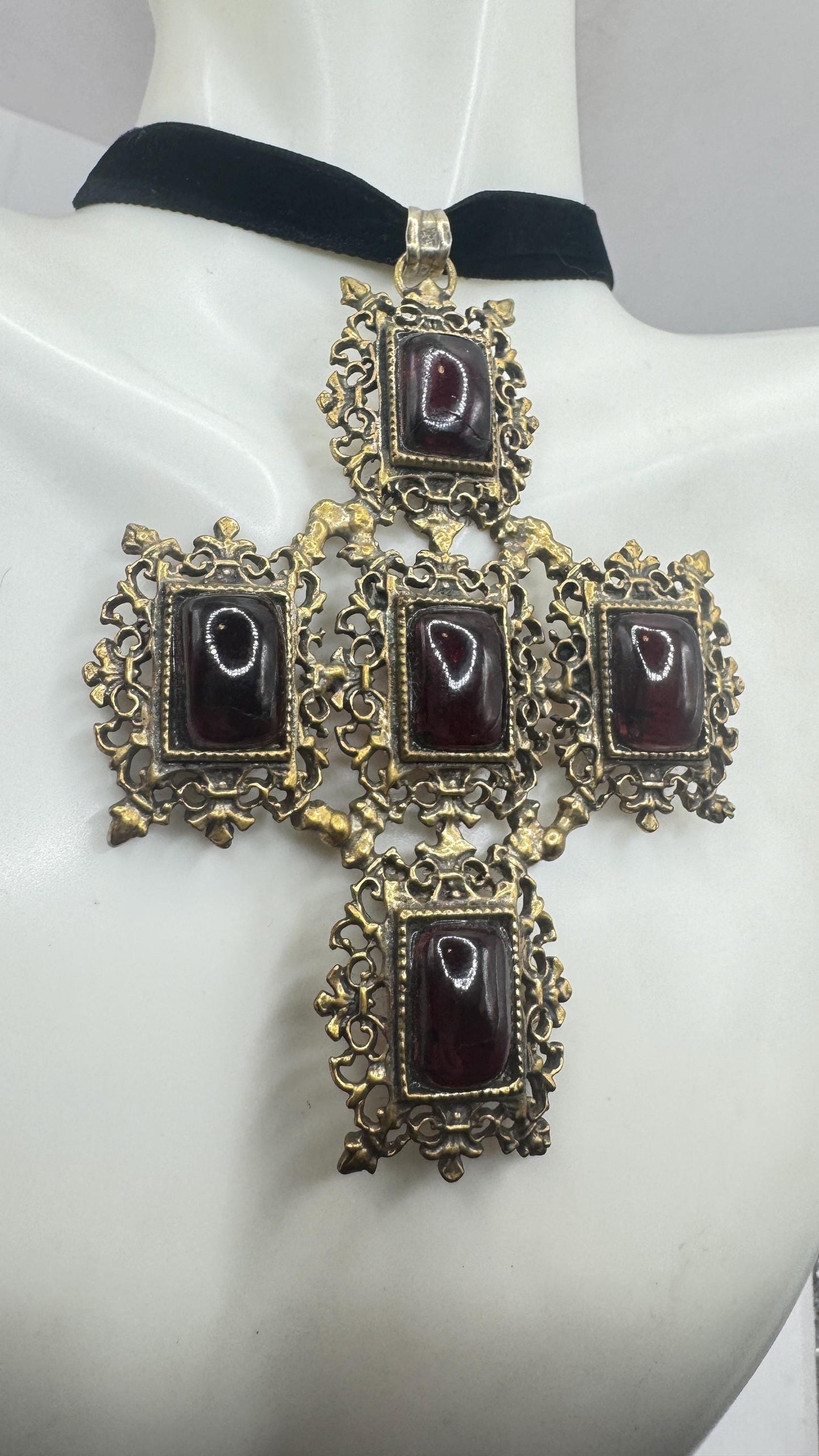 Vintage Bohemian Garnet Cross 925 Sterling Silver Antiqued Gold finish Pendant Necklace