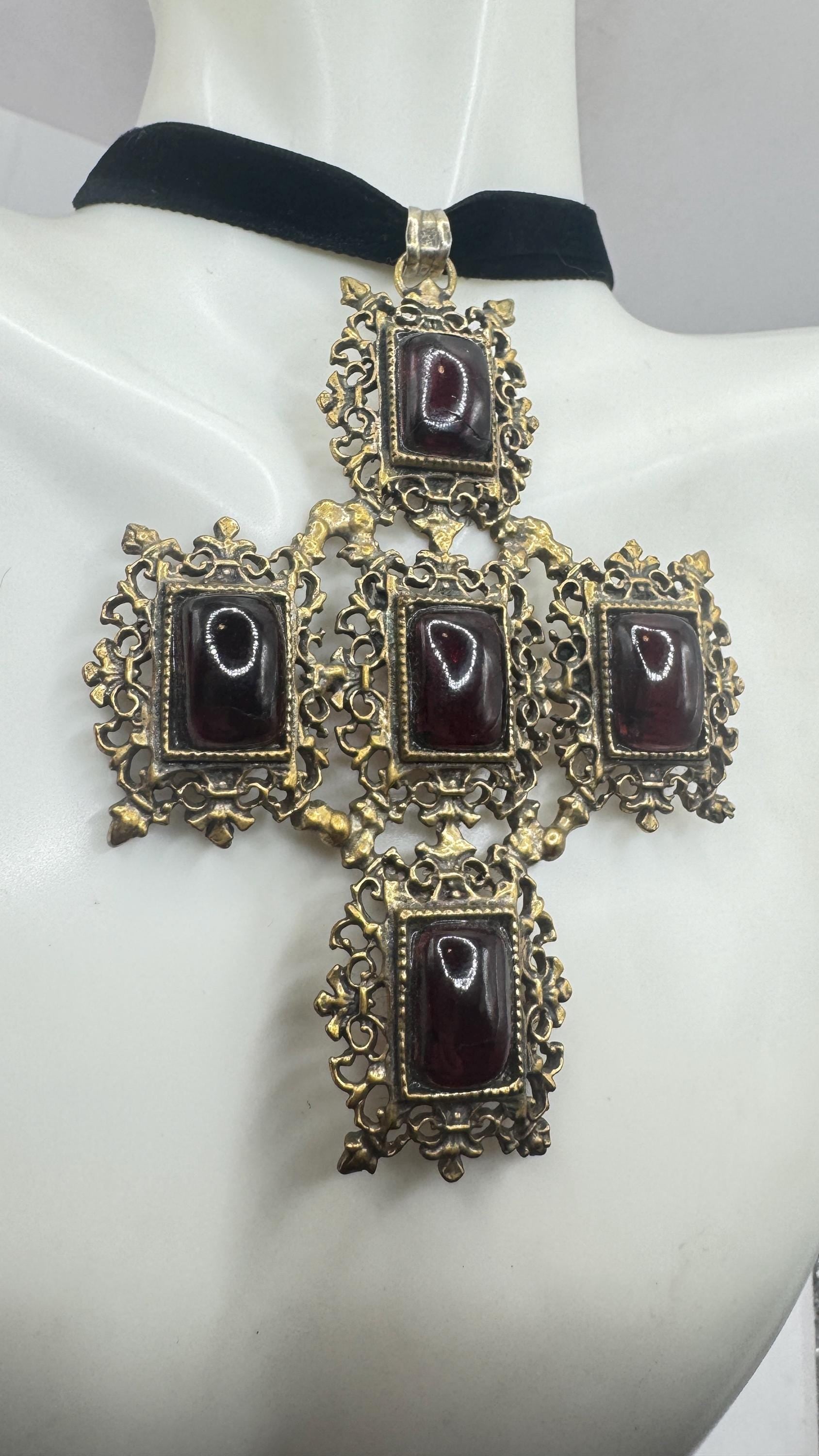 Vintage Bohemian Garnet Cross 925 Sterling Silver Antiqued Gold finish Pendant Necklace