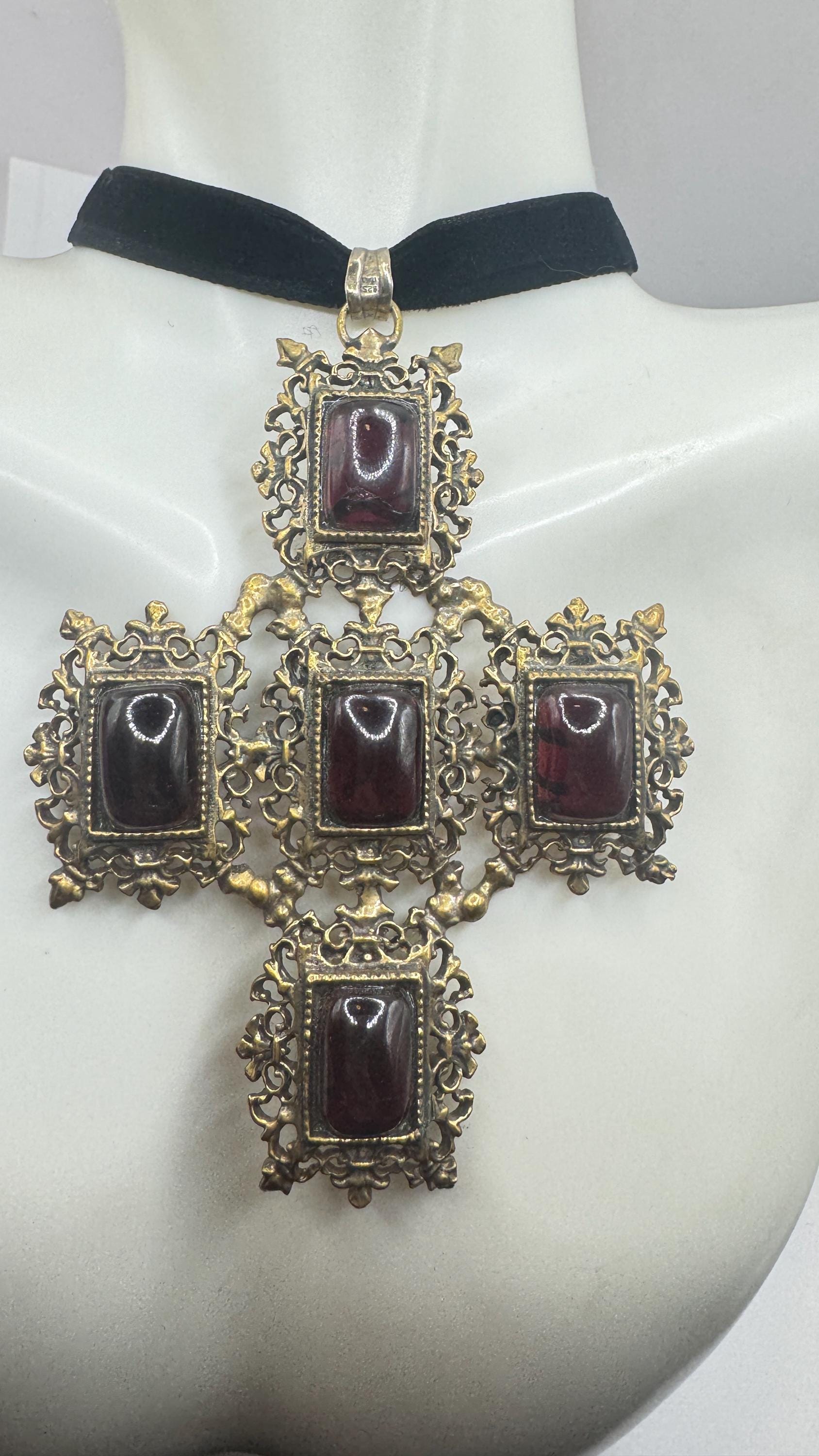 Vintage Bohemian Garnet Cross 925 Sterling Silver Antiqued Gold finish Pendant Necklace