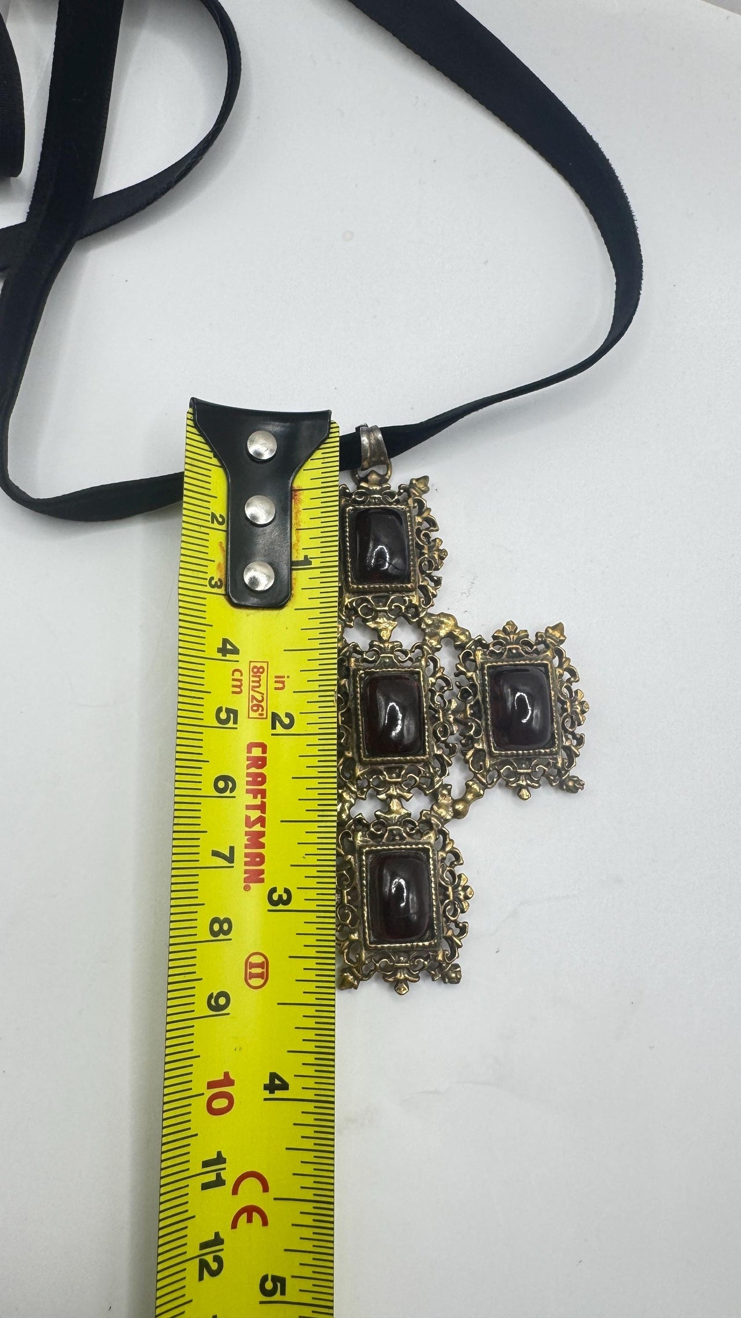 Vintage Bohemian Garnet Cross 925 Sterling Silver Antiqued Gold finish Pendant Necklace