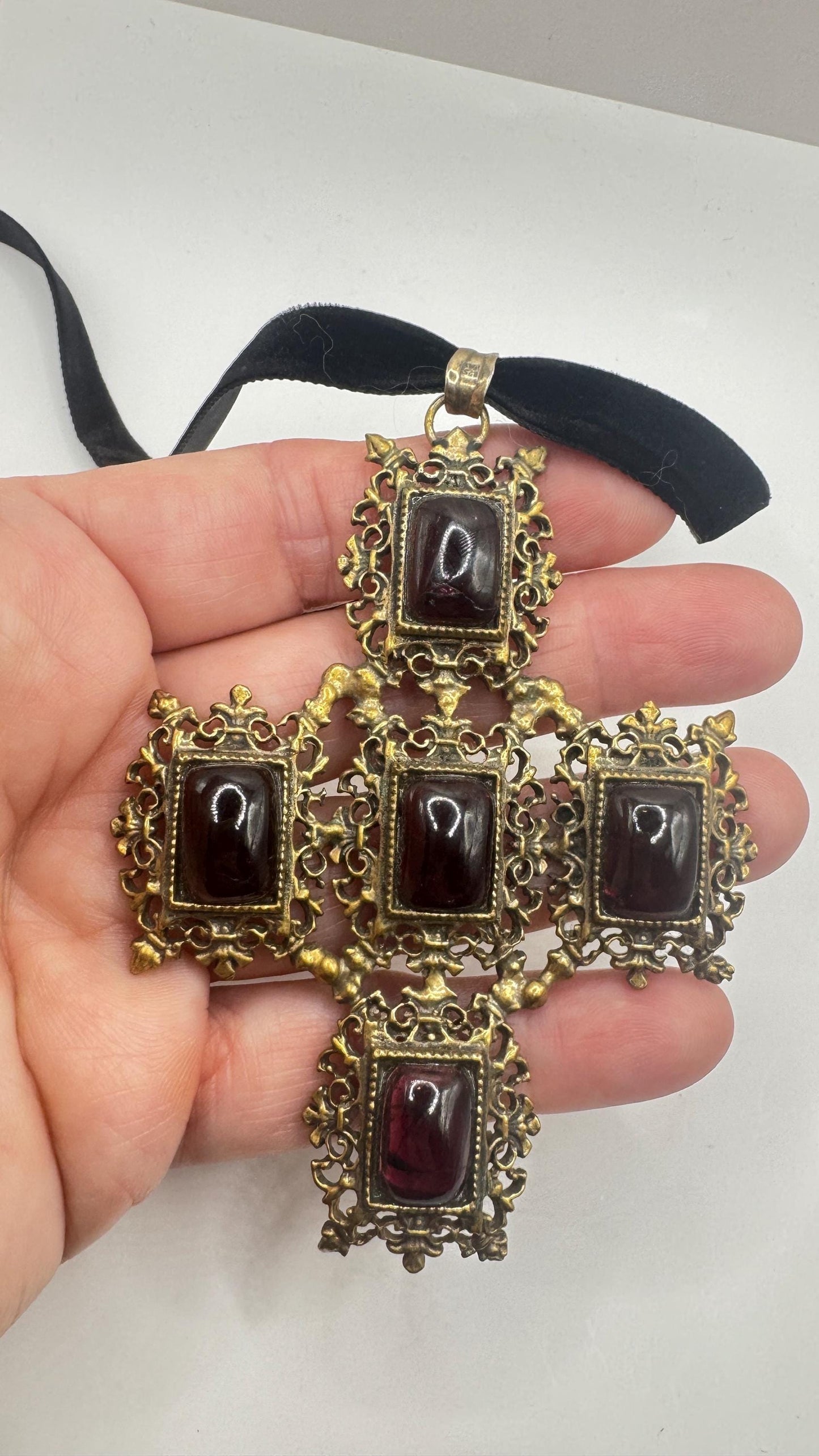 Vintage Bohemian Garnet Cross 925 Sterling Silver Antiqued Gold finish Pendant Necklace