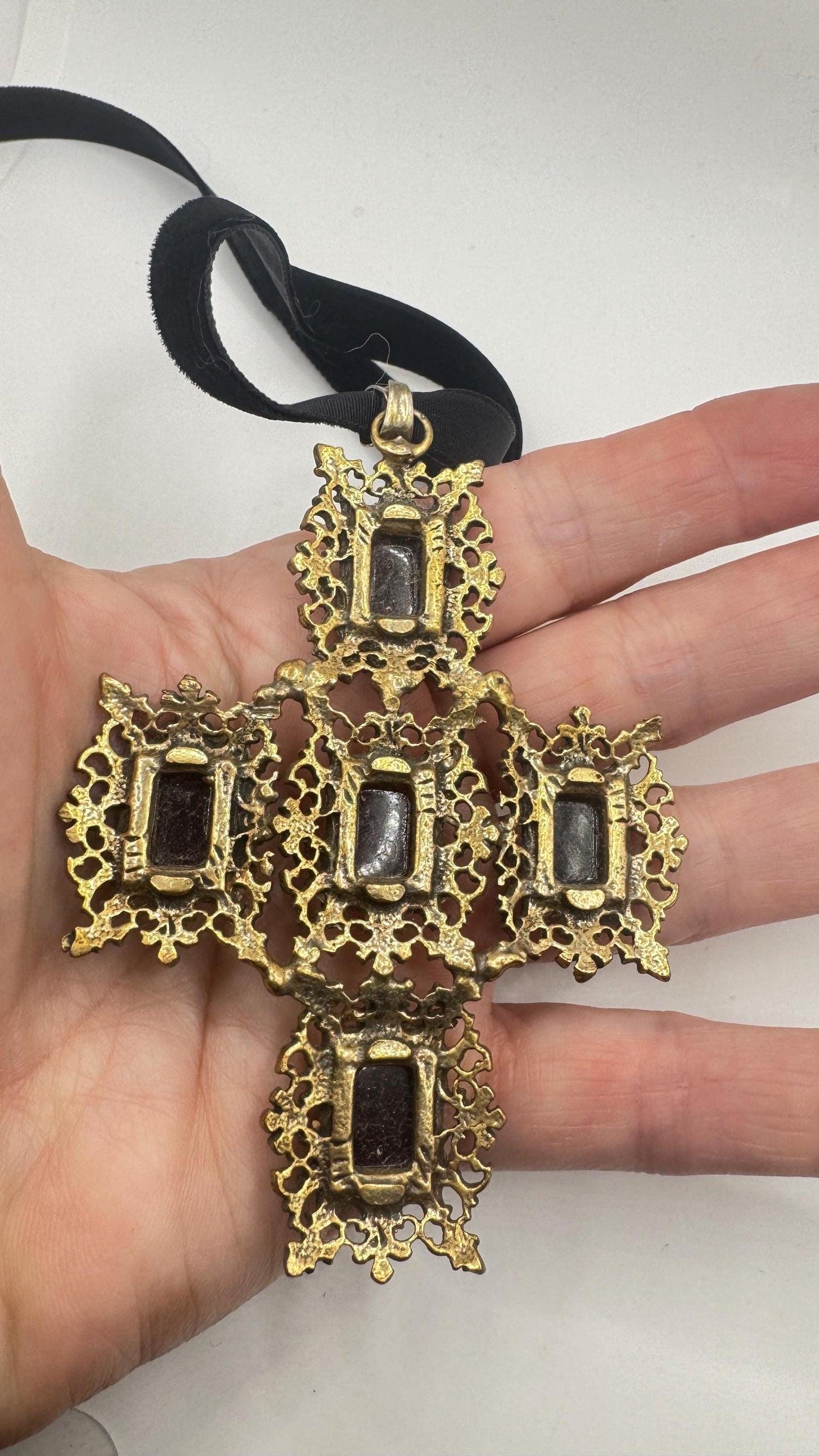 Vintage Bohemian Garnet Cross 925 Sterling Silver Antiqued Gold finish Pendant Necklace