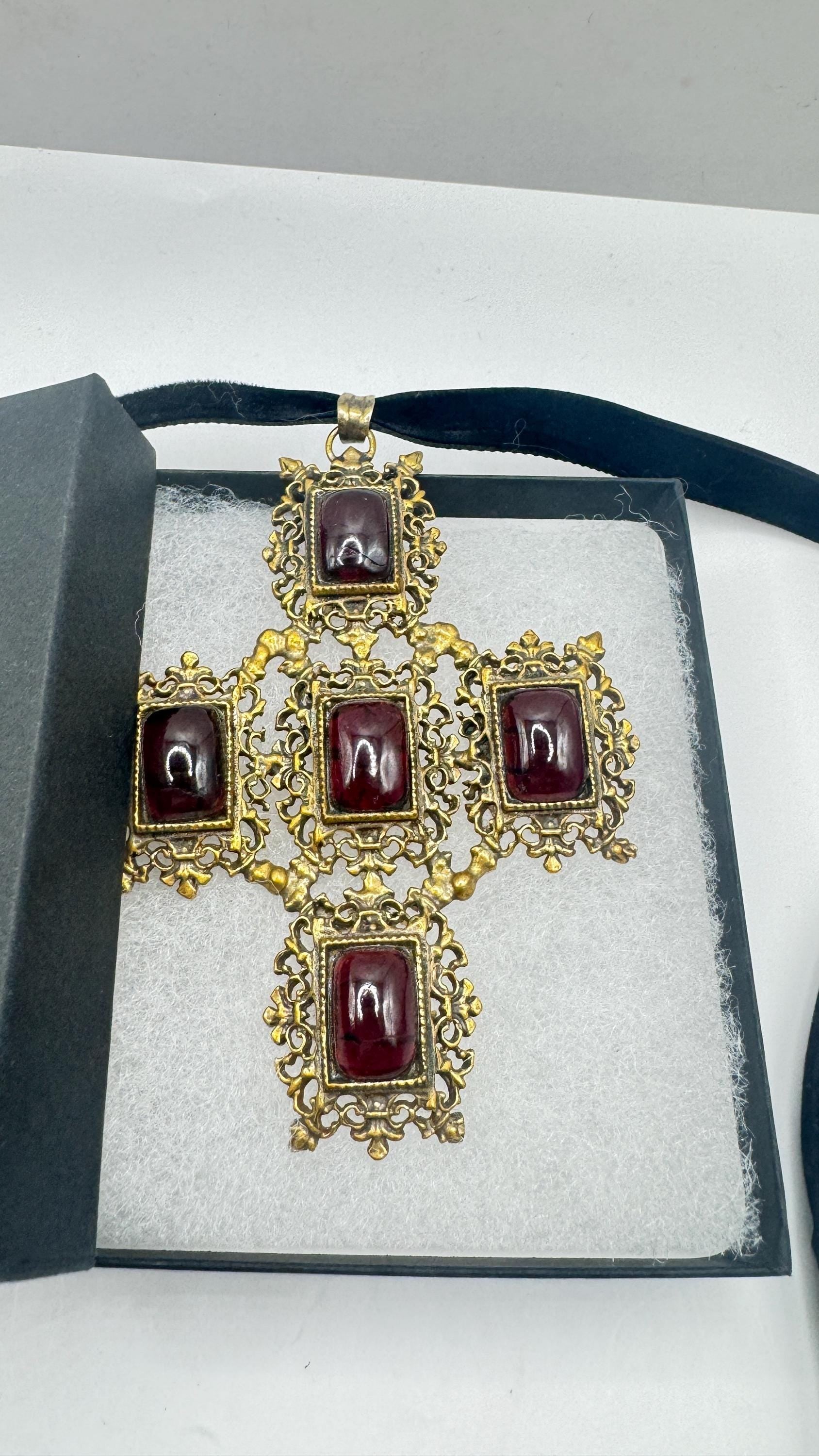 Vintage Bohemian Garnet Cross 925 Sterling Silver Antiqued Gold finish Pendant Necklace