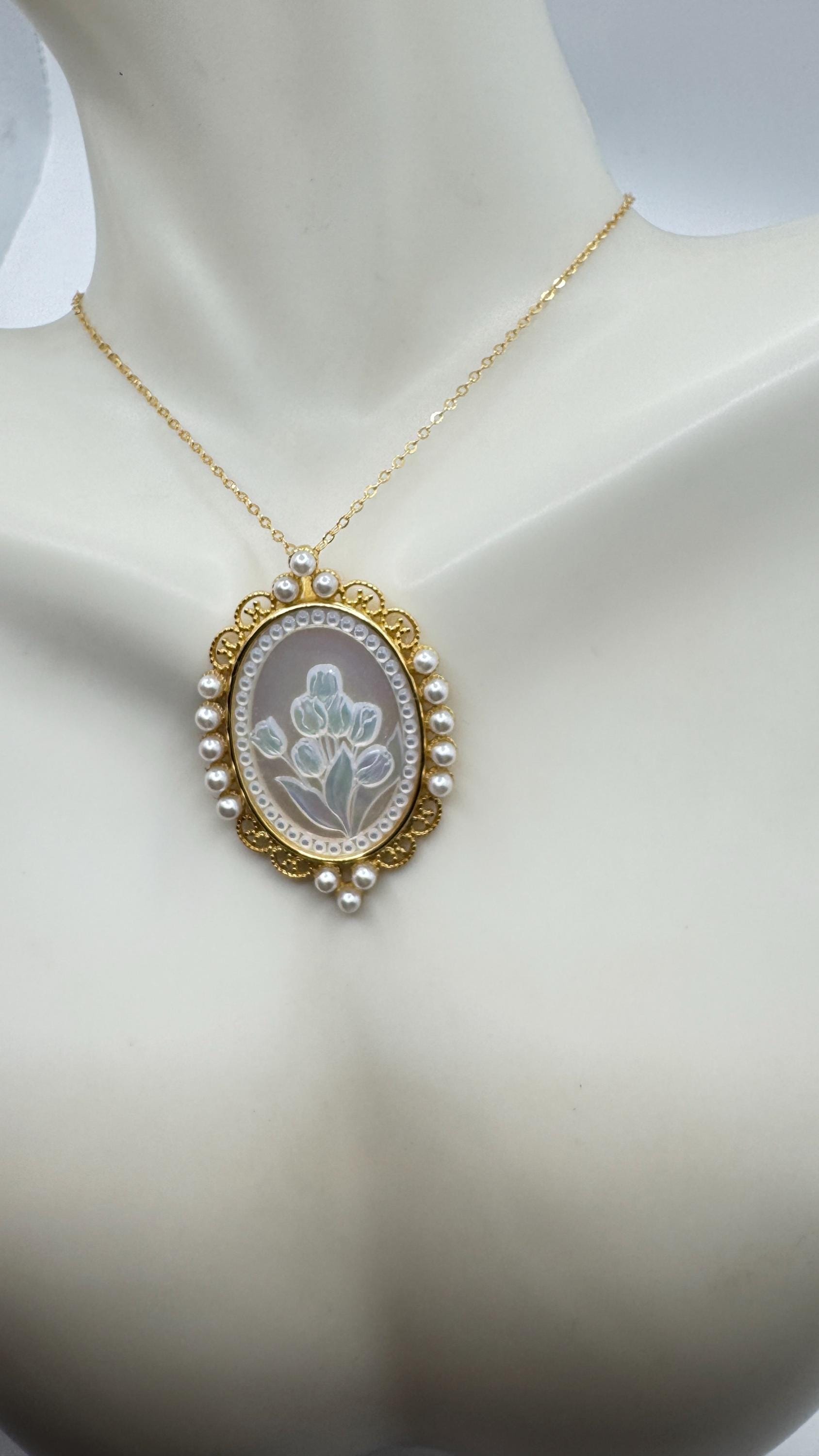 Vintage Flower Cameo Golden 925 Sterling Silver Necklace Choker