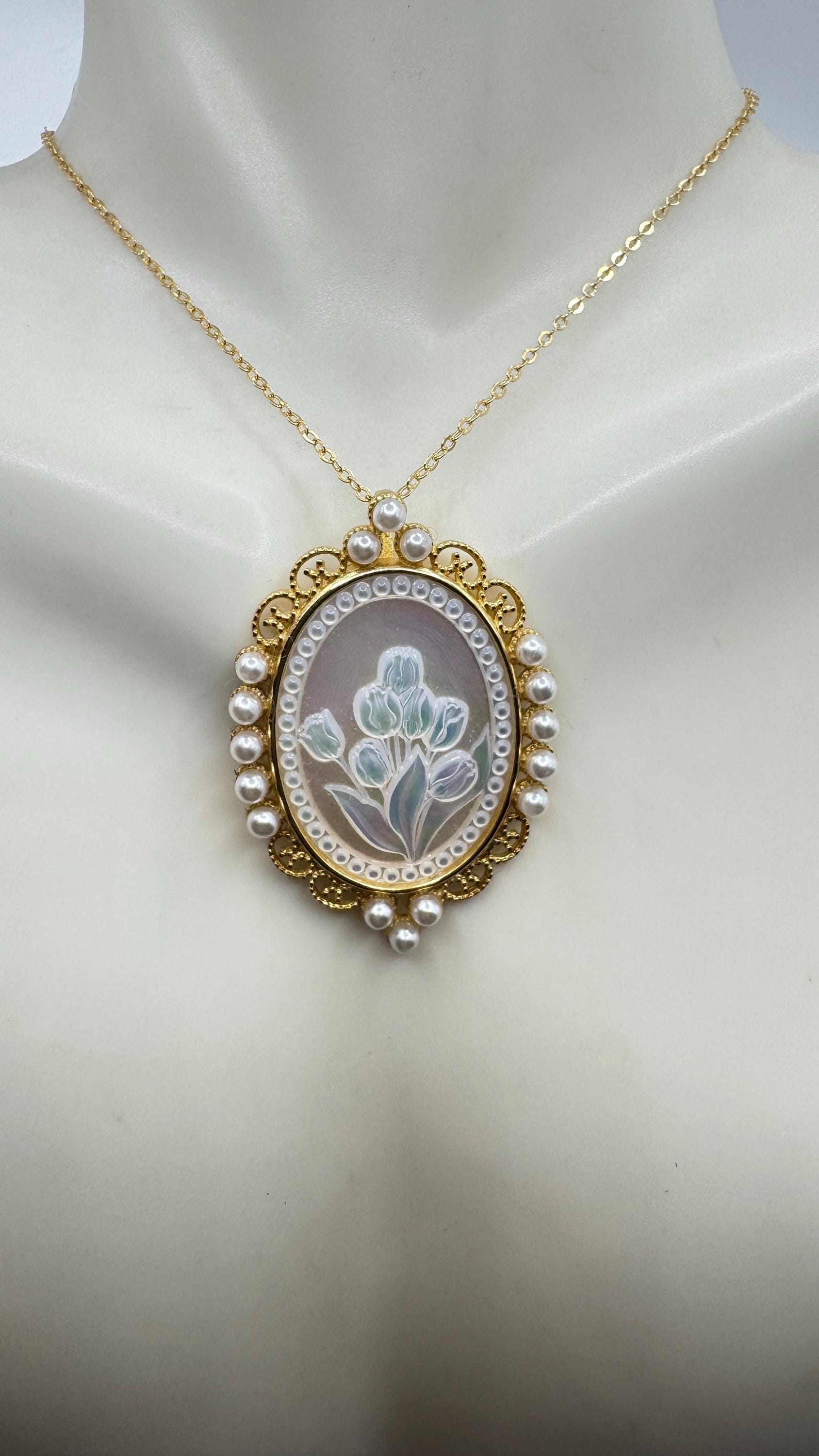 Vintage Flower Cameo Golden 925 Sterling Silver Necklace Choker