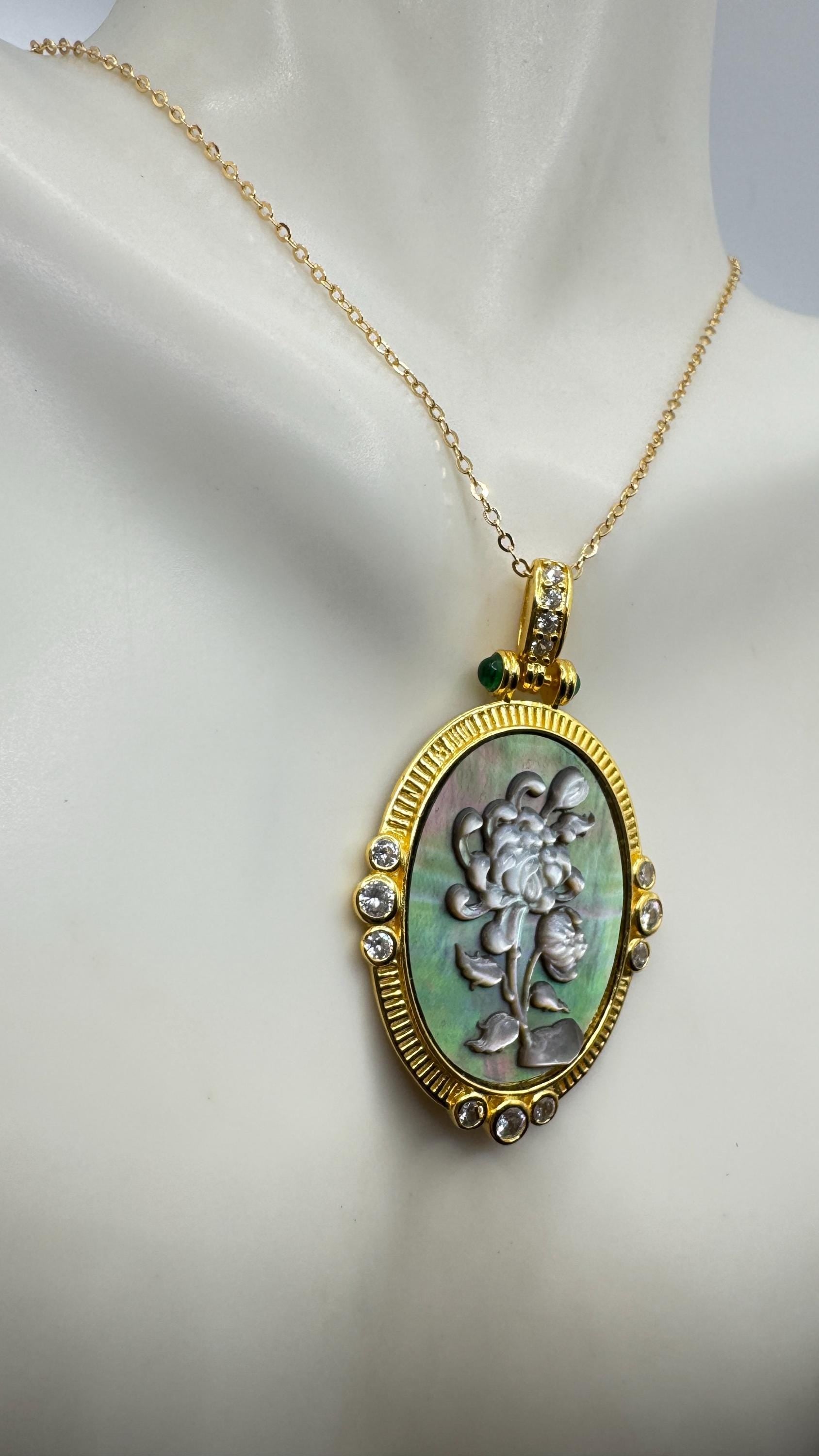Vintage Flower Cameo Golden 925 Sterling Silver Necklace Choker