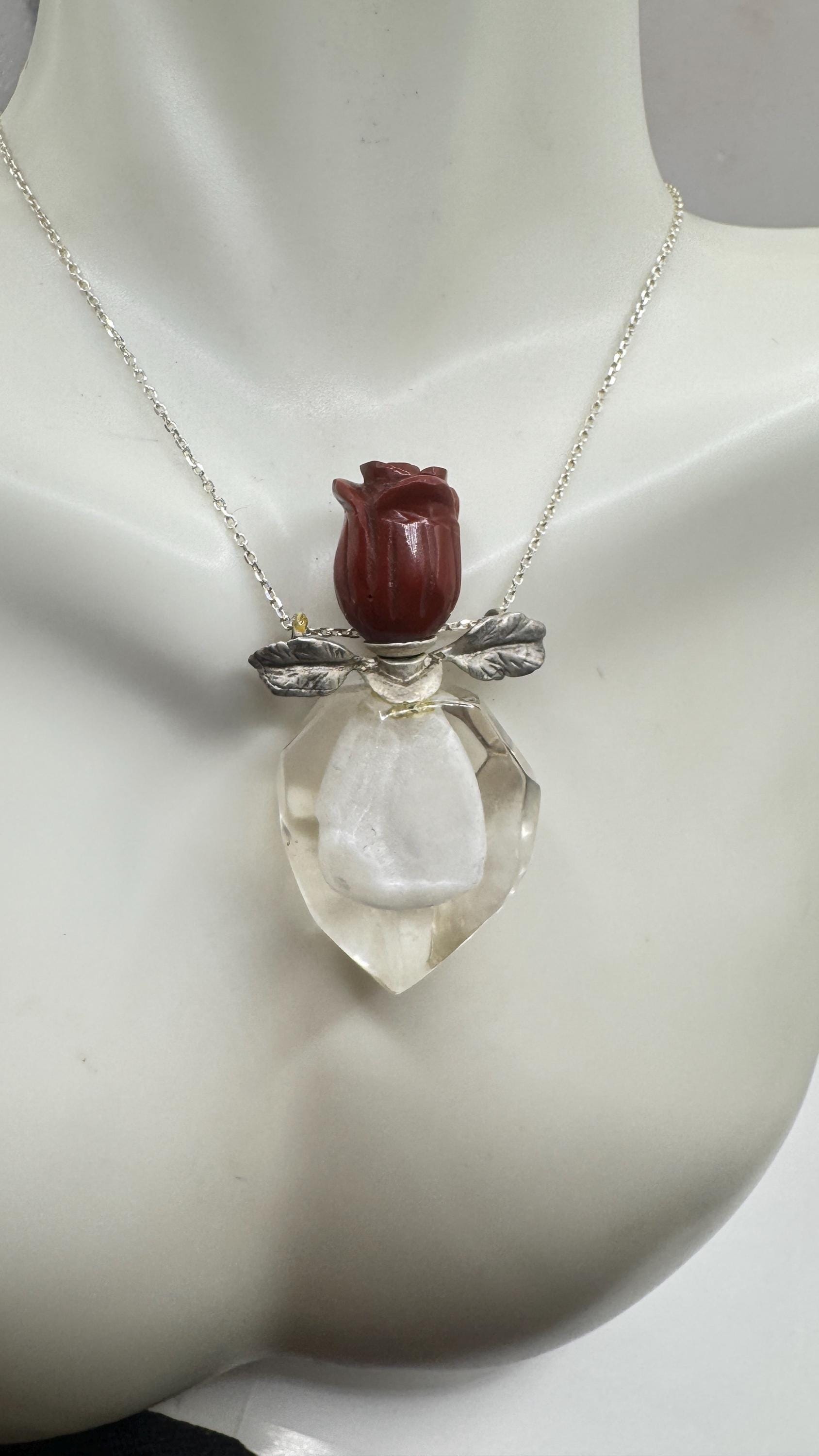Vintage Quartz Crystal Perfume Oil Bottle 925 Sterling silver Pendant Necklace