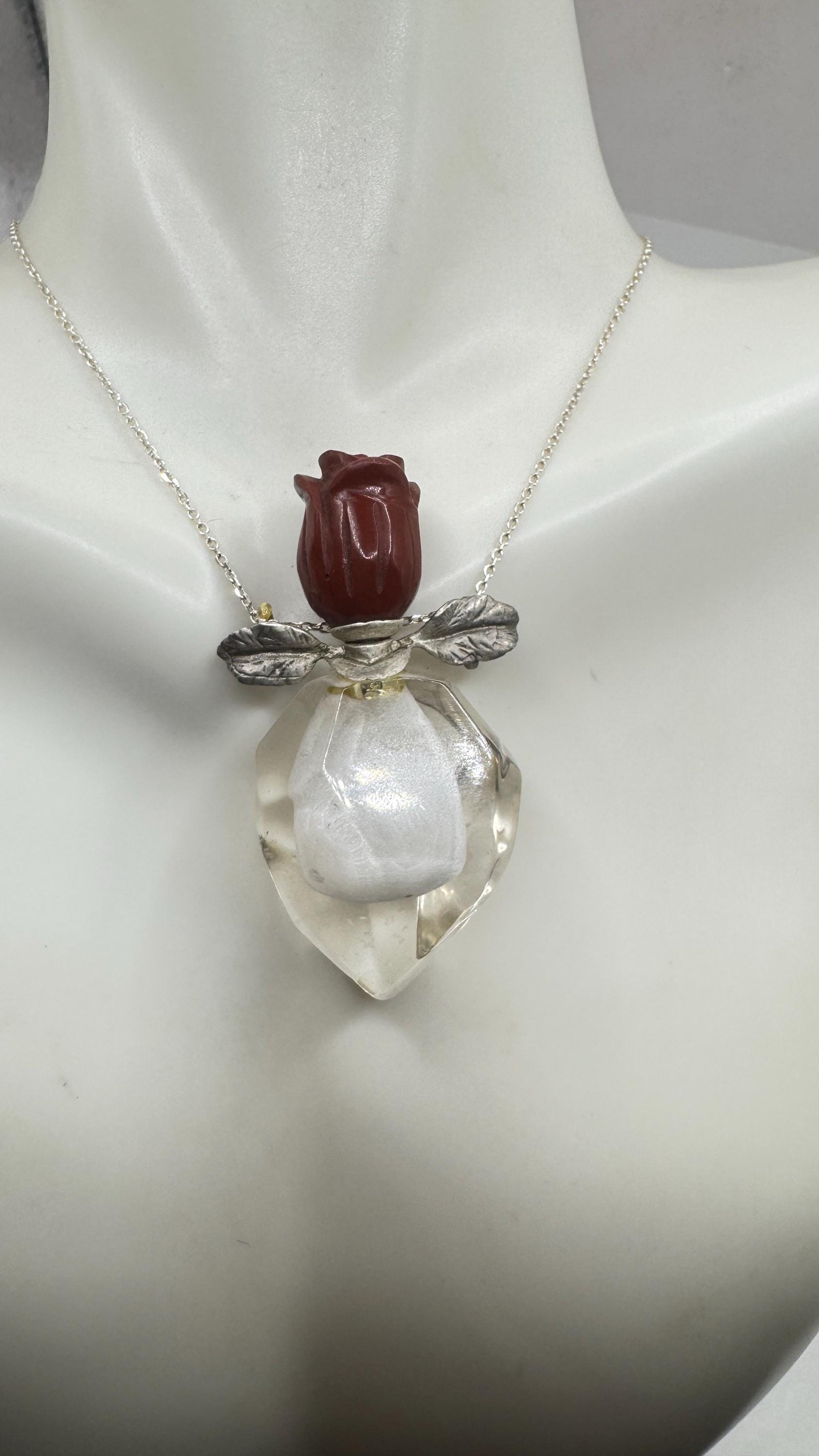 Vintage Quartz Crystal Perfume Oil Bottle 925 Sterling silver Pendant Necklace