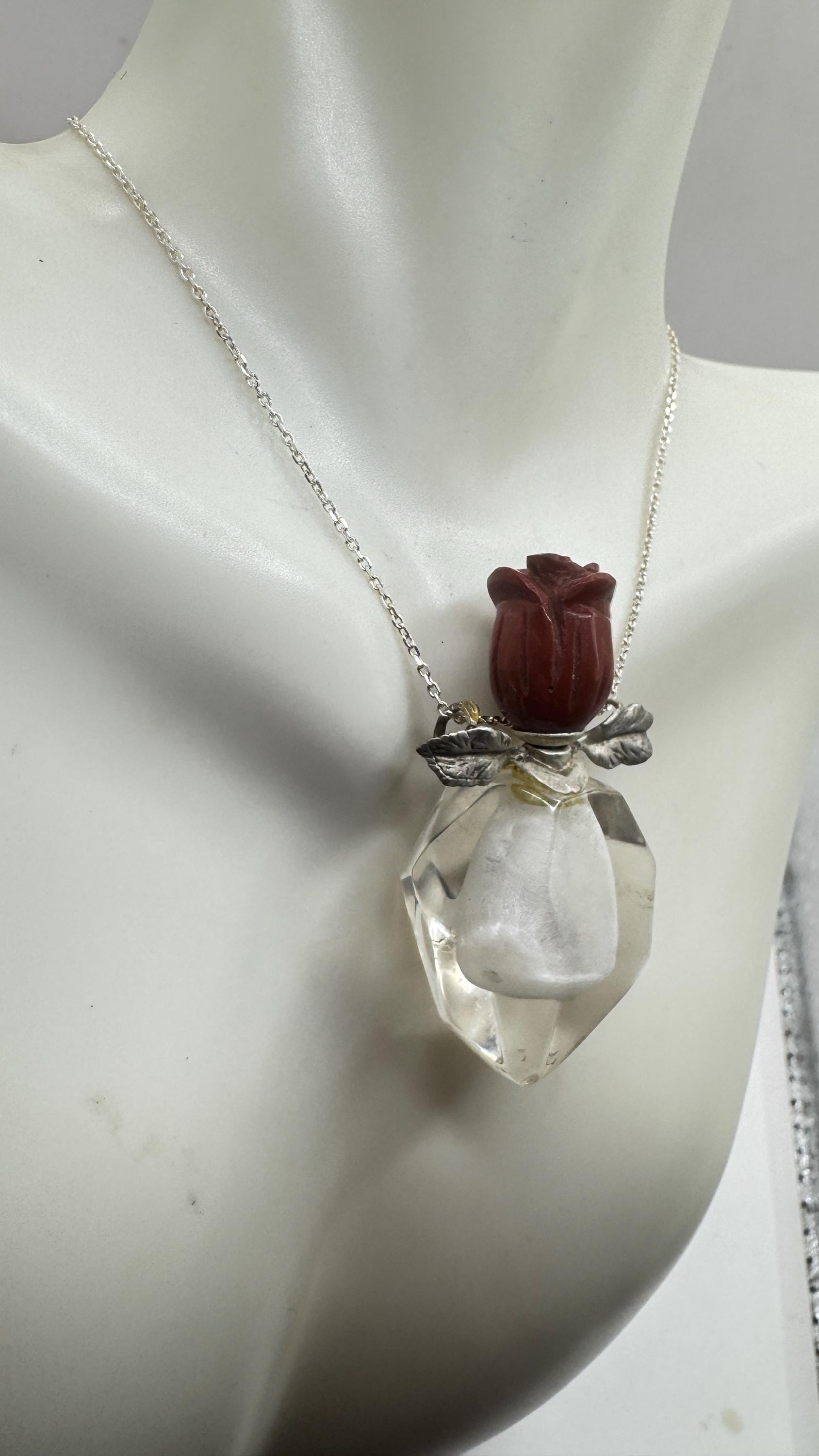 Vintage Quartz Crystal Perfume Oil Bottle 925 Sterling silver Pendant Necklace