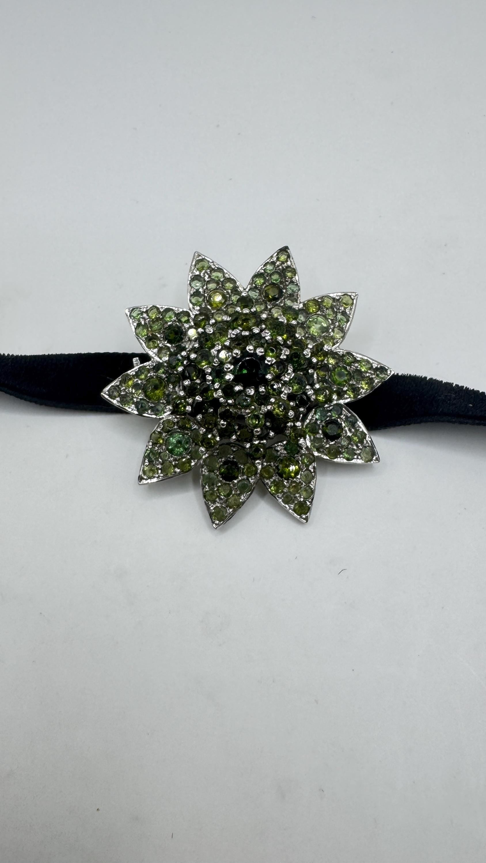 Vintage Genuine Green Tourmaline Choker 925 Sterling Silver Rhodium Brooch Pendant