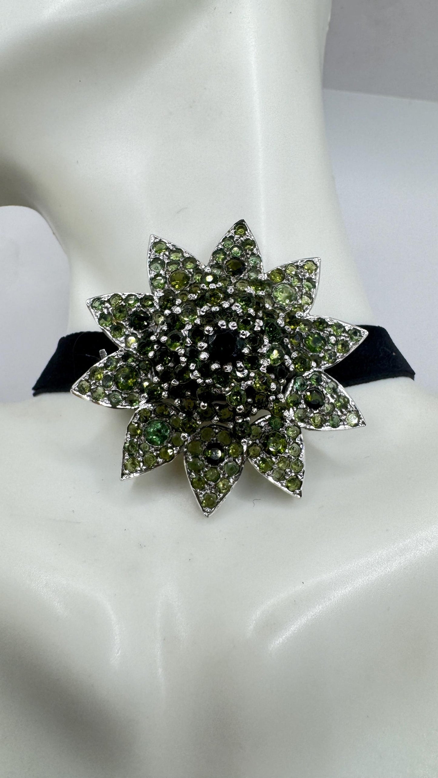 Vintage Genuine Green Tourmaline Choker 925 Sterling Silver Rhodium Brooch Pendant