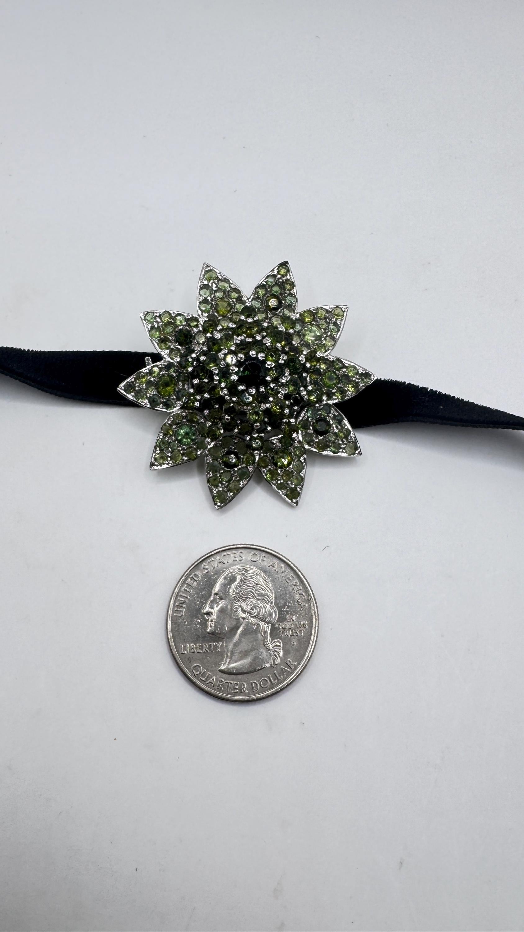 Vintage Genuine Green Tourmaline Choker 925 Sterling Silver Rhodium Brooch Pendant