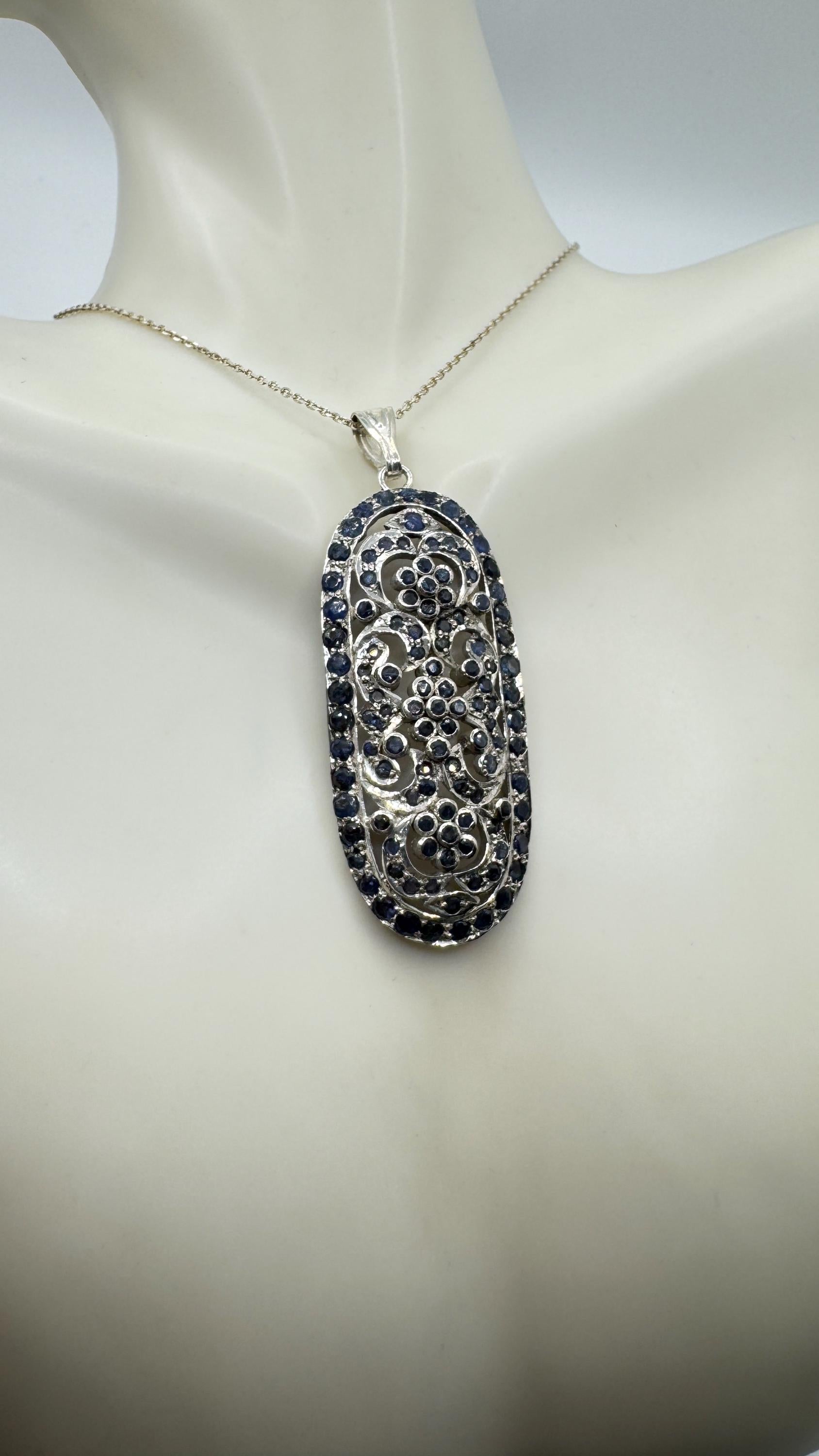 Vintage Blue Sapphire 925 Sterling Silver Pendant Necklace