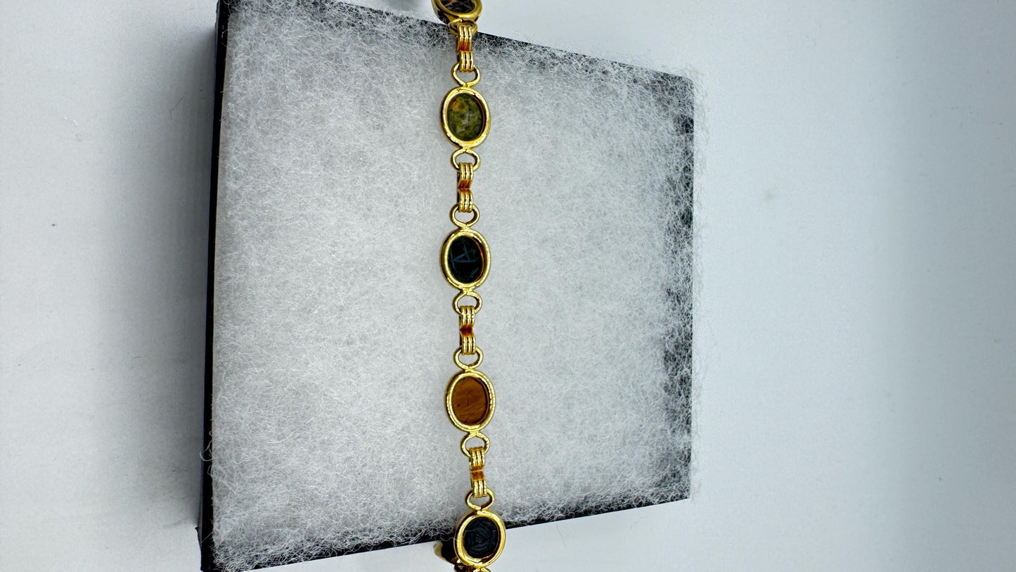 Vintage Scarab Bracelet Gold filled Carved Gemstones