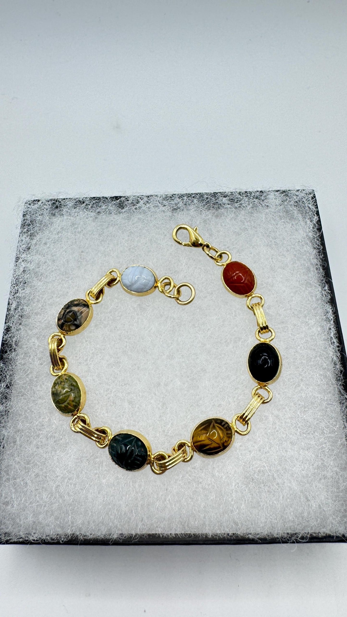 Vintage Scarab Bracelet Gold filled Carved Gemstones