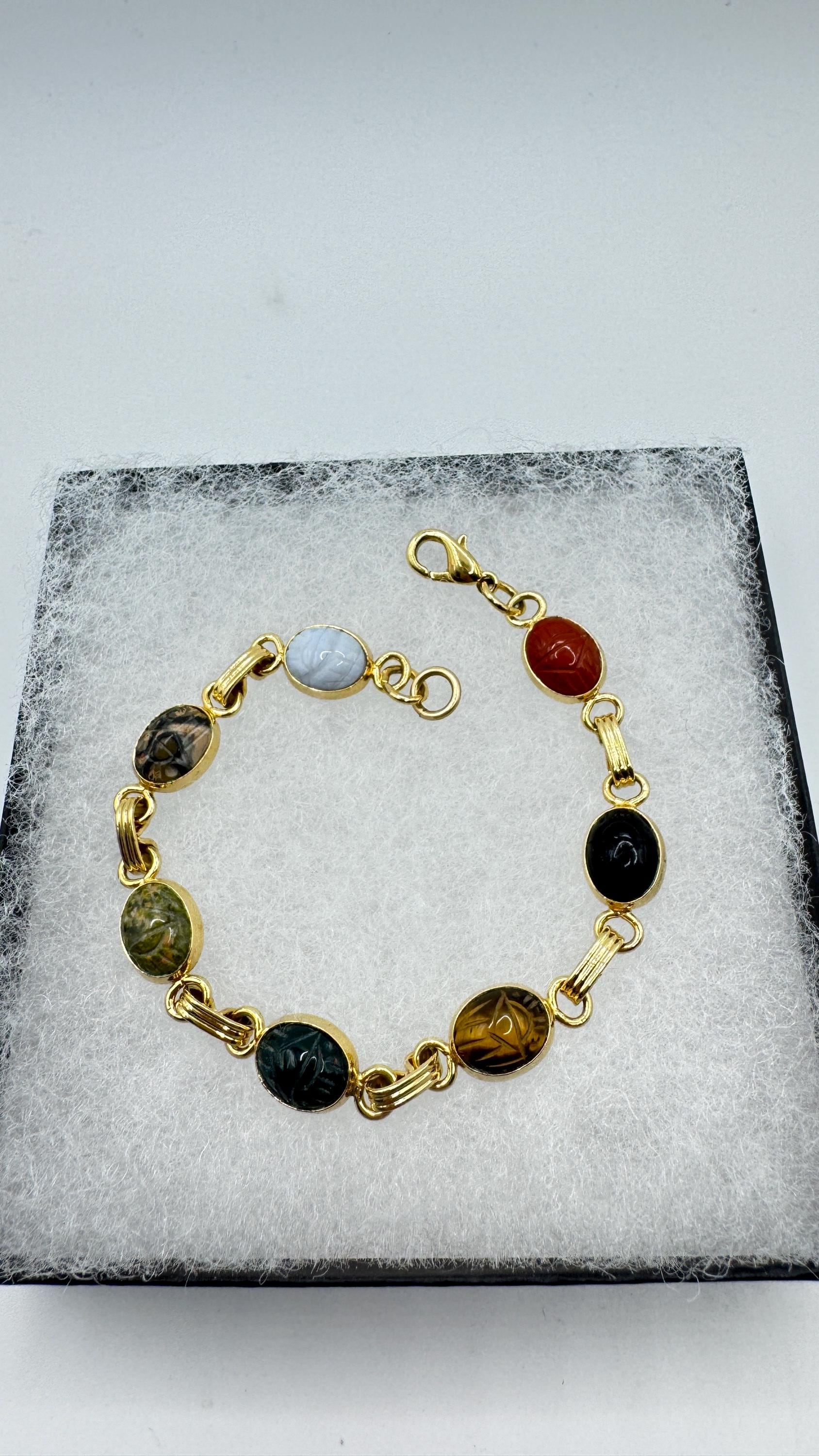 Vintage Scarab Bracelet Gold filled Carved Gemstones