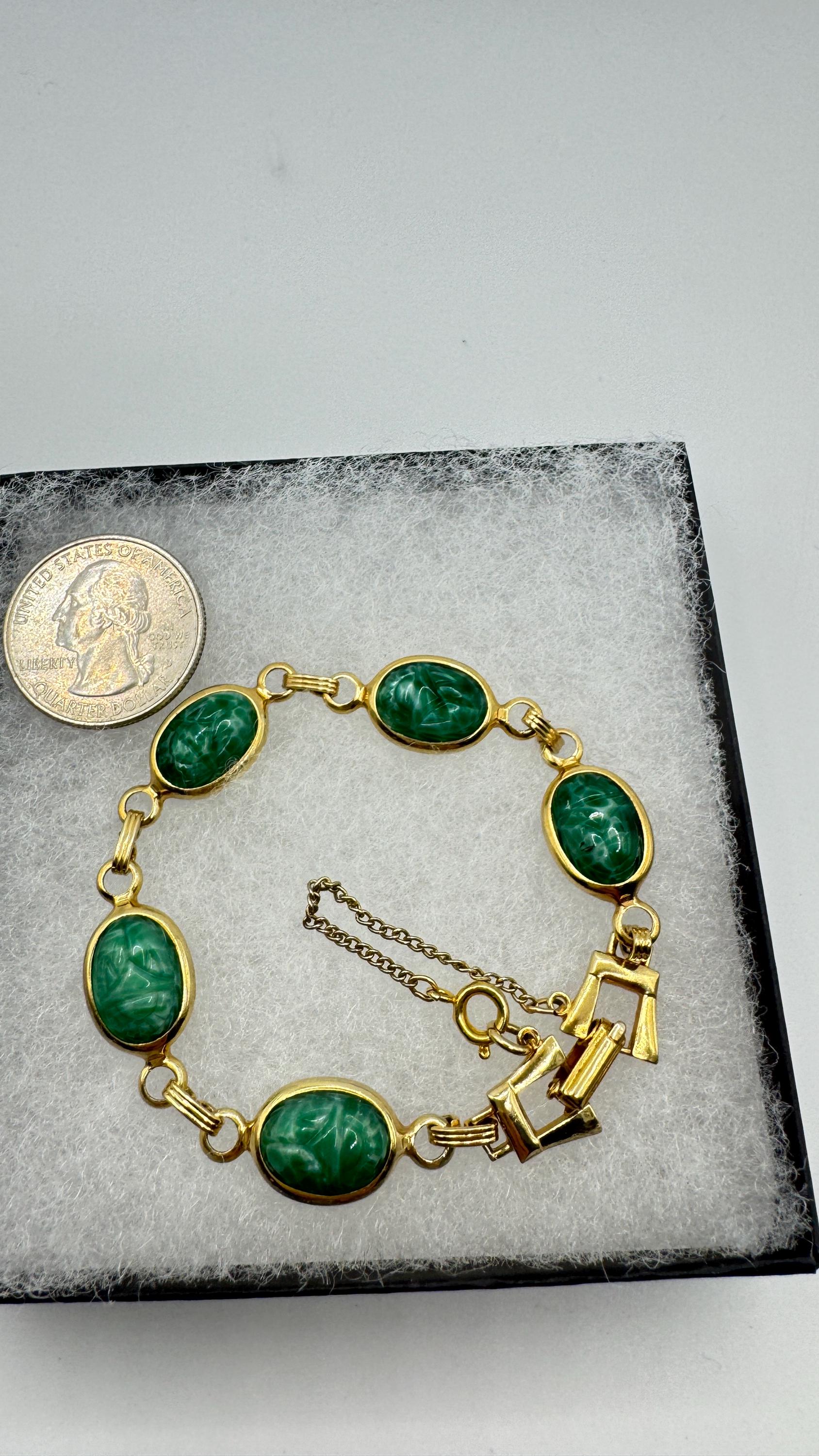 Vintage Green Jade Scarab Bracelet Golden filled