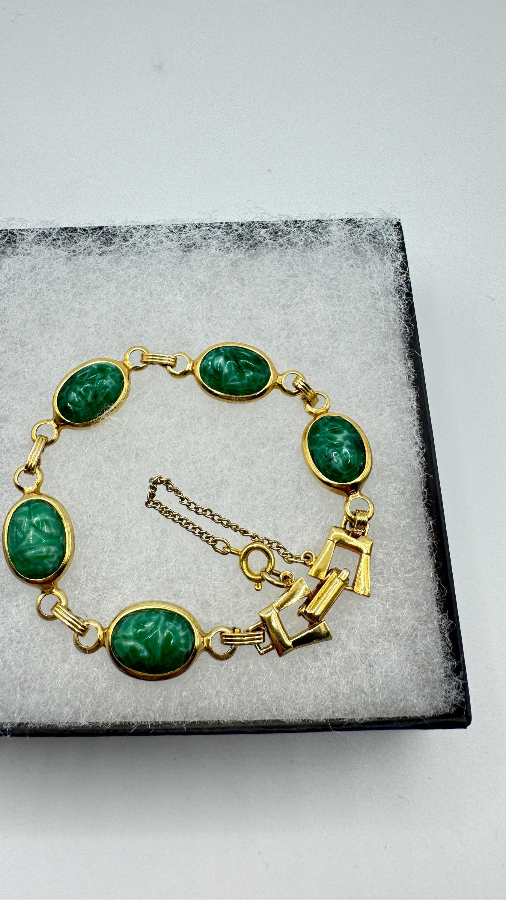 Vintage Green Jade Scarab Bracelet Golden filled