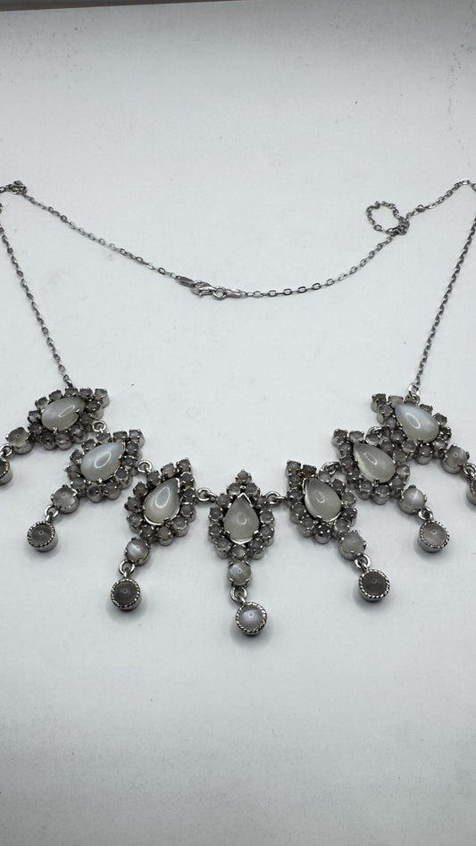 Vintage 925 Sterling Silver Moonstone Pendant Necklace Choker
