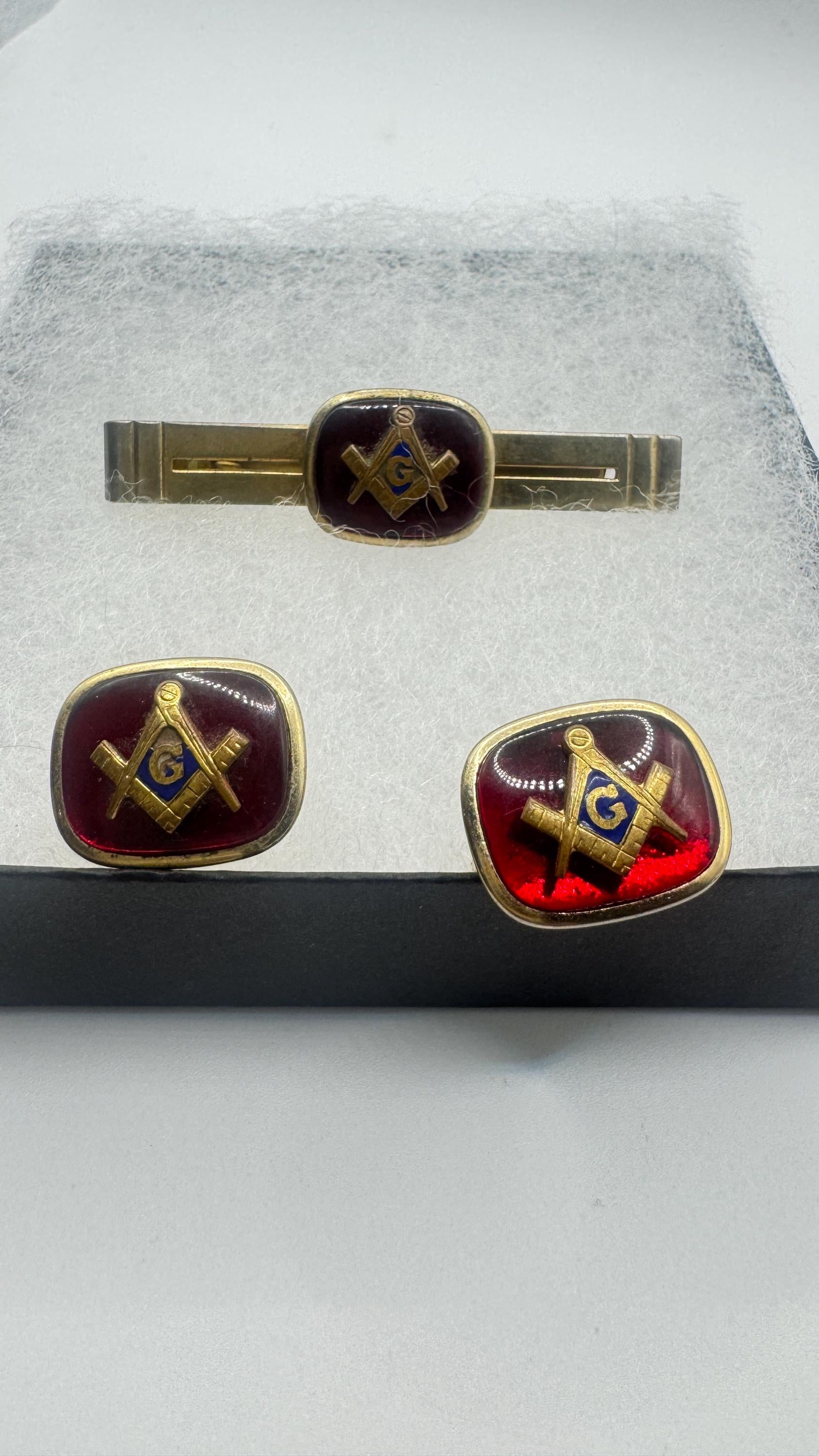 Vintage Free Mason Cuff Links Tie clip Gold Filled
