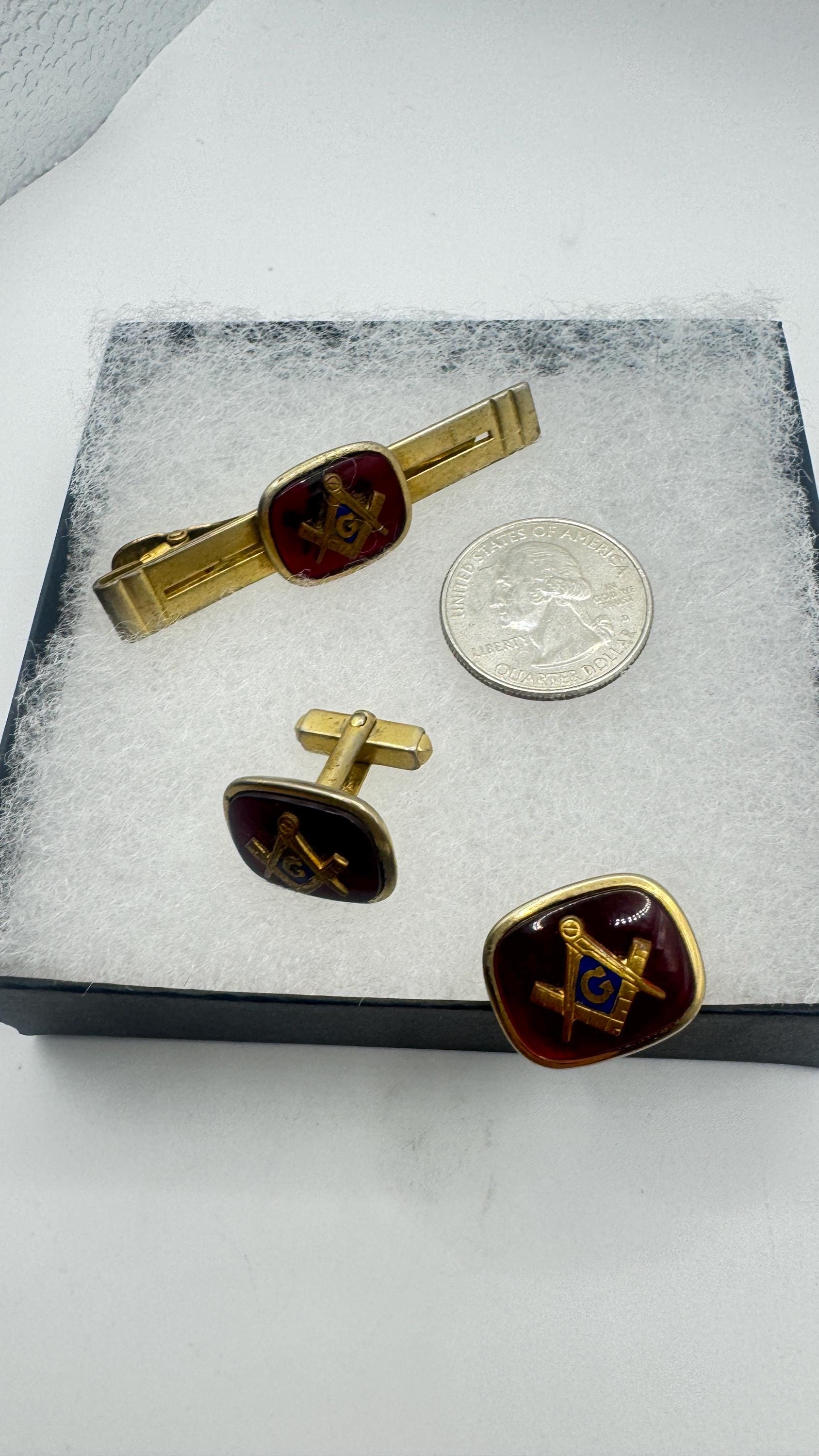 Vintage Free Mason Cuff Links Tie clip Gold Filled