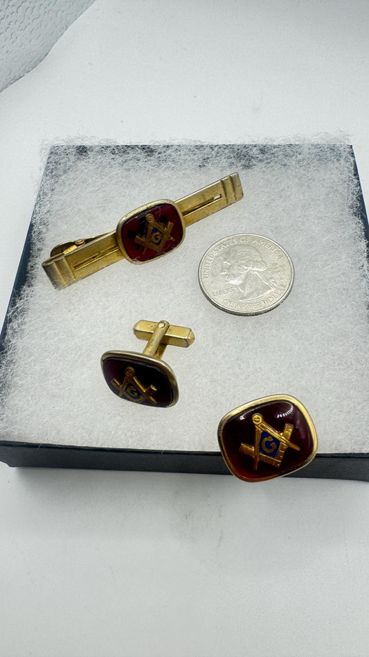 Vintage Free Mason Cuff Links Tie clip Gold Filled